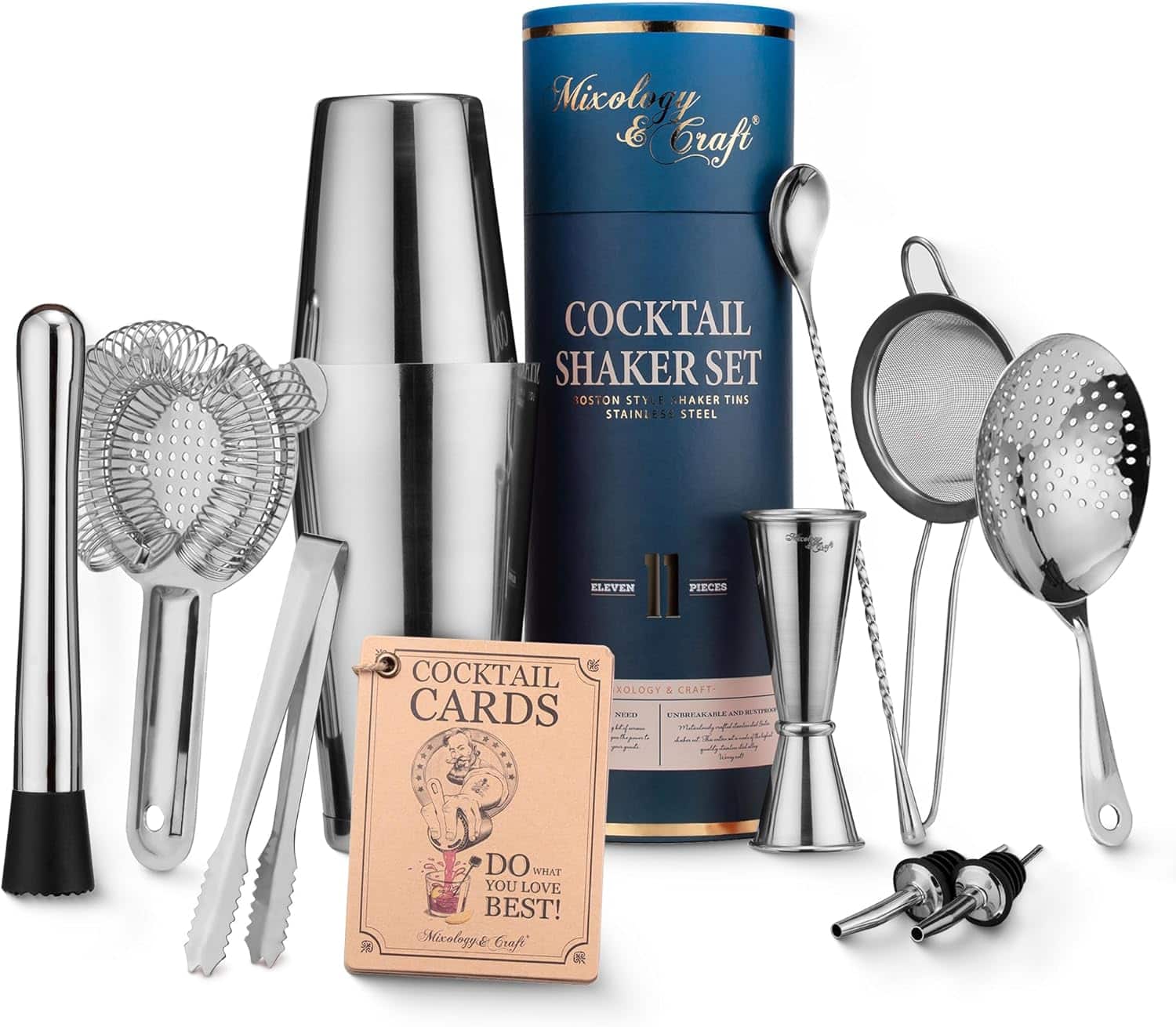 Zulay Kitchen - Cocktail Shaker Set - 11-Piece Bar Accessories Kit by Mixology & Craft - Silver