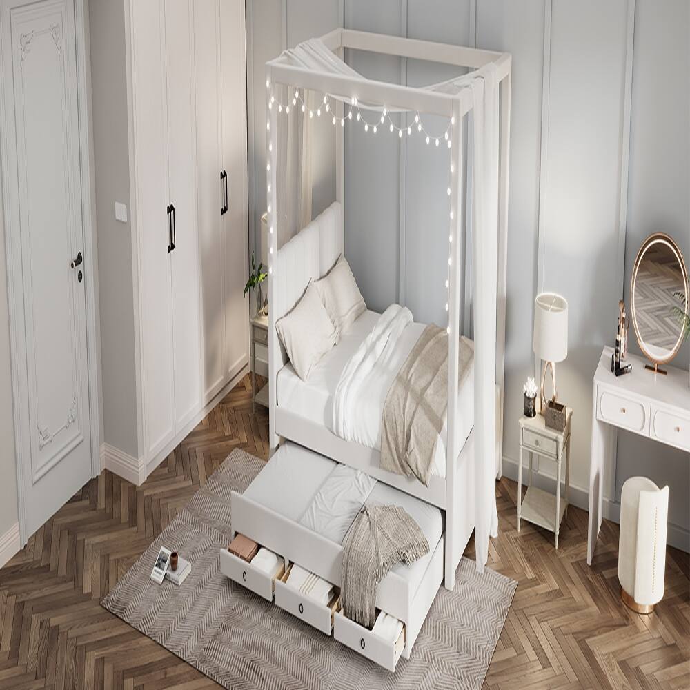 Alt View 7. Loheer - Loheer Full Size Canopy Bed Upholstered Platform Bed with Trundle and 3 Storage Drawers Beige Pine Wood Bed Frame - Beige.