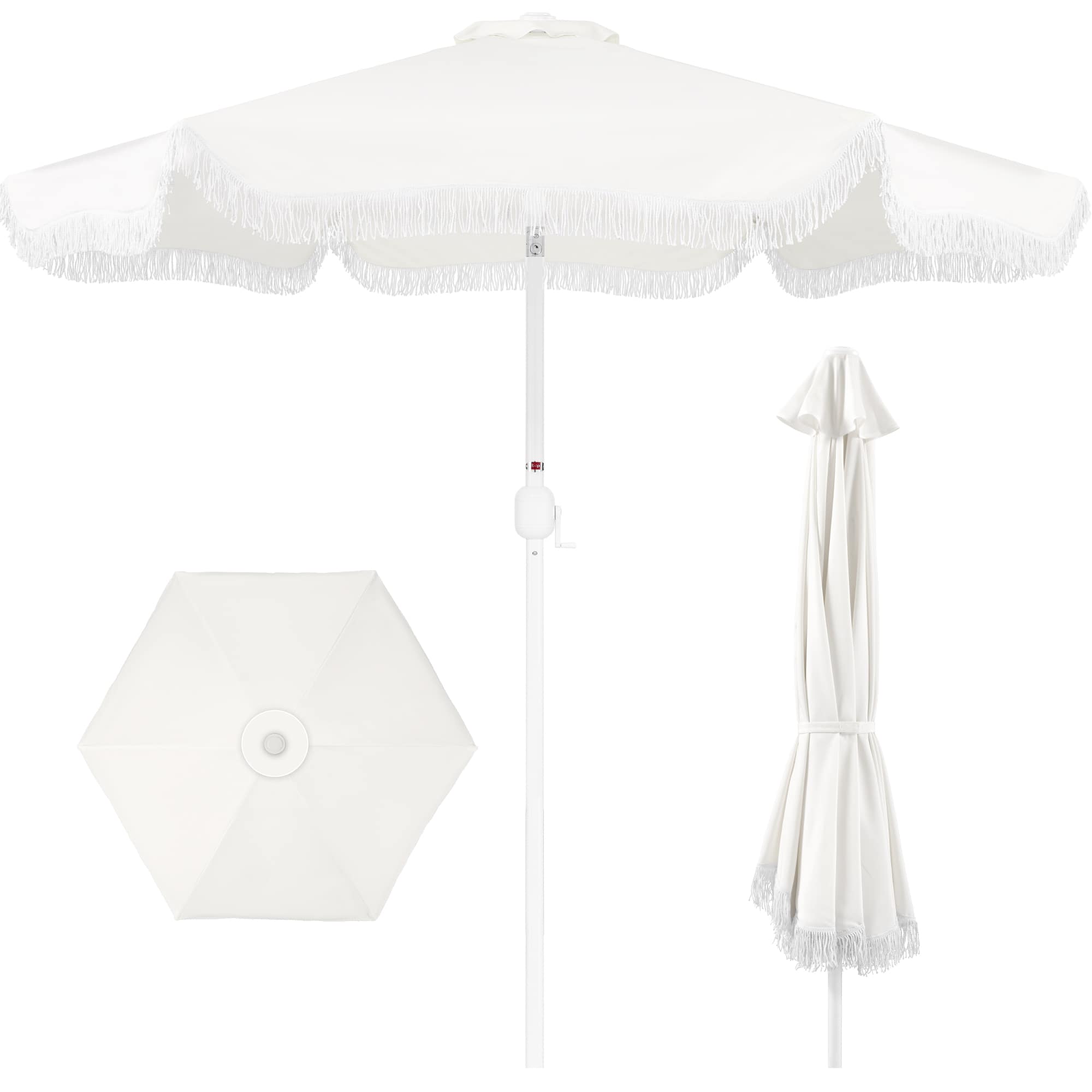 Best Choice Products - 9ft Fringe Market Umbrella Boho Patio Sunshade w/ Tilt, UPF50+ - White