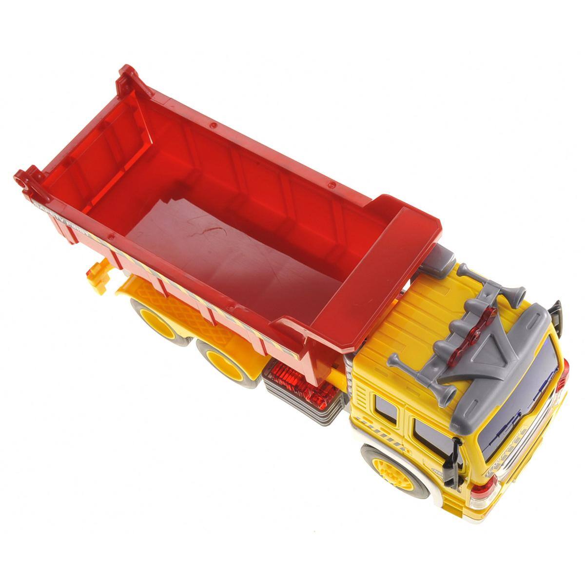 Left. JuzToys - Kids Toys Cars Realistic Dump Truck Toy – Pull-Back Toy Vehicle with Light, Sound, Liftable Dump Box – Red/Yellow - Multi.