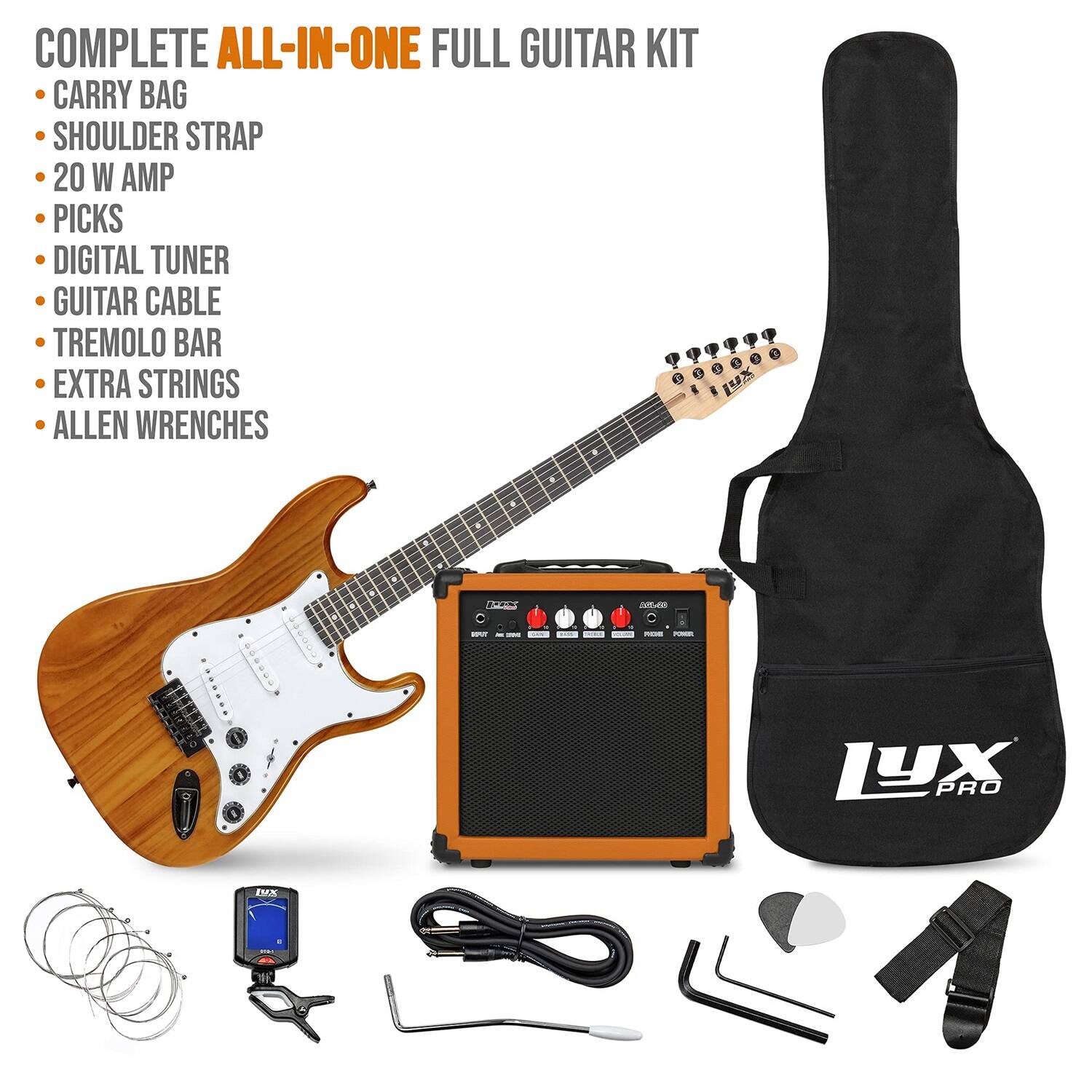 COMPLETE ALL-IN-ONE FULL GUITAR KIT
CARRY BAG
SHOULDER STRAP
20 W AMP
PICKS
DIGITAL TUNER
GUITAR CABLE
TREMOLO BAR
EXTRA STRINGS
ALLEN WRENCHES
- - - LYX PRO X