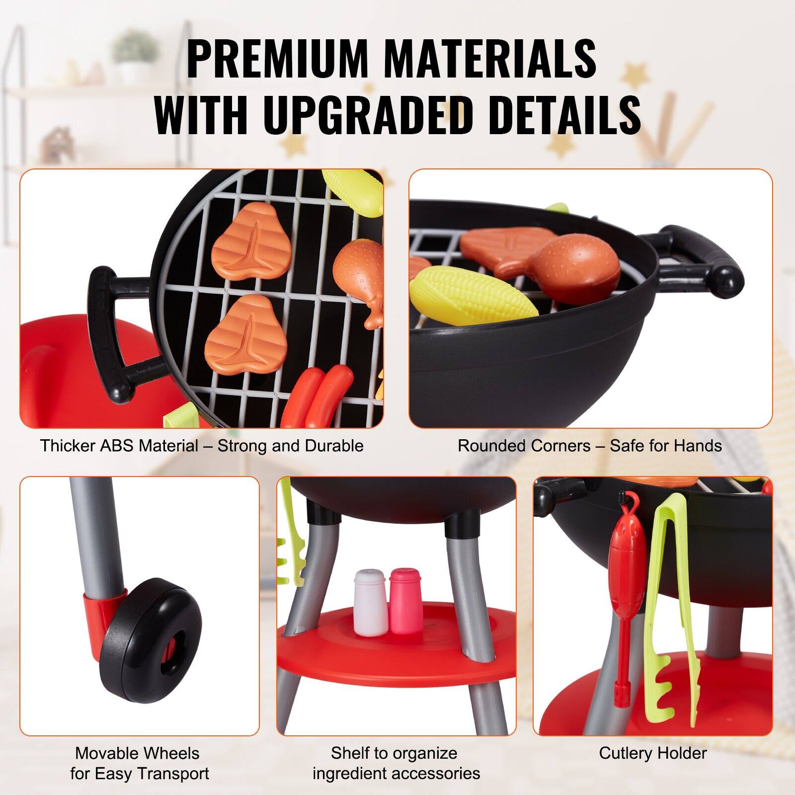 PREMIUM MATERIALS WITH UPGRADED DETAILS

- Thicker ABS Material – Strong and Durable
- Rounded Corners – Safe for Hands
- Movable Wheels for Easy Transport
- Shelf to organize ingredient accessories
- Cutlery Holder