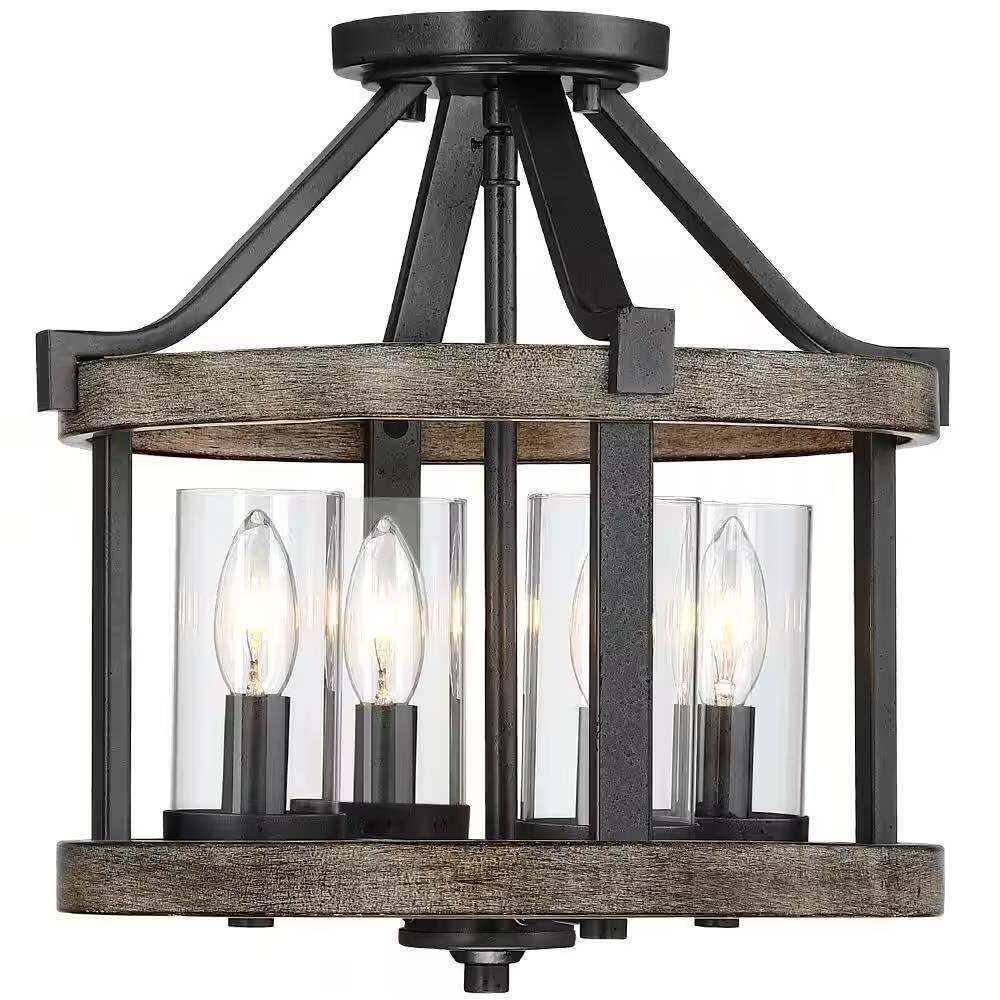 Angle. Hivvago - Round 4-Light 12.5-inch Metal Wood Farmhouse Ceiling Lamp - Semi-Flush Mount - Brown.