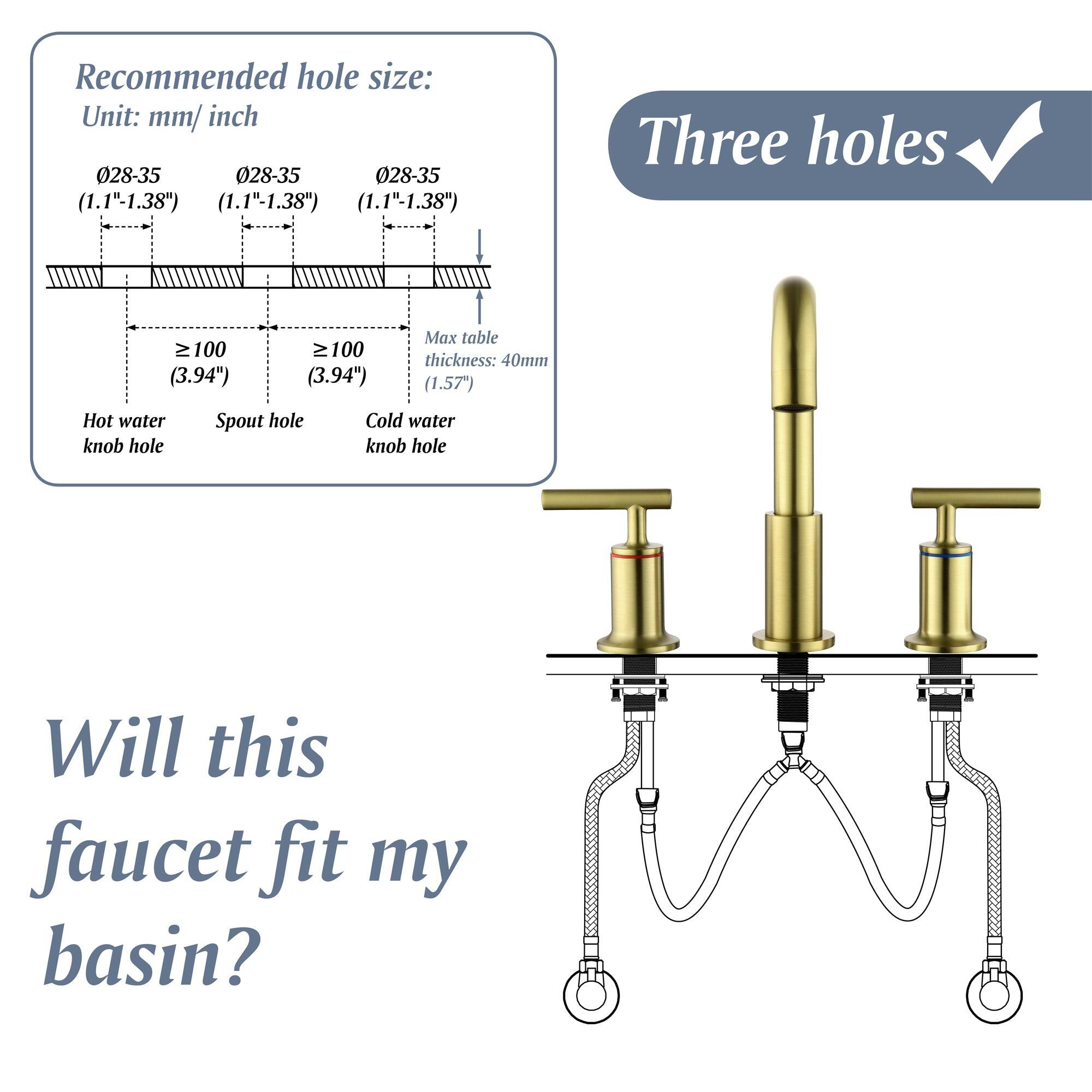 Recommended hole size:  
Unit: mm/ inch  
028-35 (1.1"-1.38")  
028-35 (1.1"-1.38")  
028-35 (1.1"-1.38")  
Three holes  
≥ 100 (3.94")  
≥ 100 (3.94")  
Max table thickness: 40mm (1.57")  

Hot water knob hole  
Spout hole  
Cold water knob hole  

Will this faucet fit my basin?  

Three holes ✓