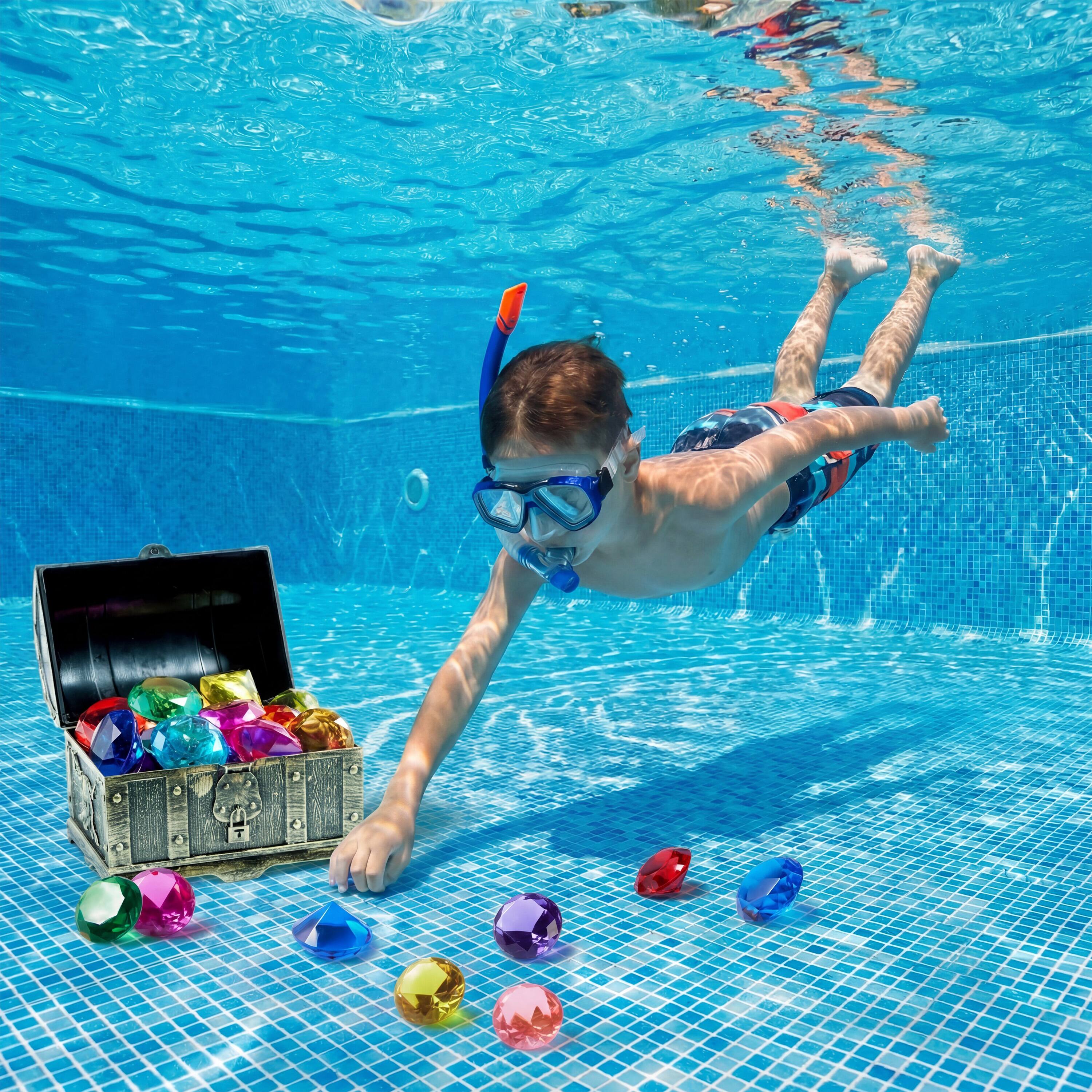 Alt View 1. Joyfy - 16 Pcs Diving Pool Toys, 16 Big Colorful Diamond Gems with Pirate Treasure Chest, Swimming Dive Toy for Kids Adventure.