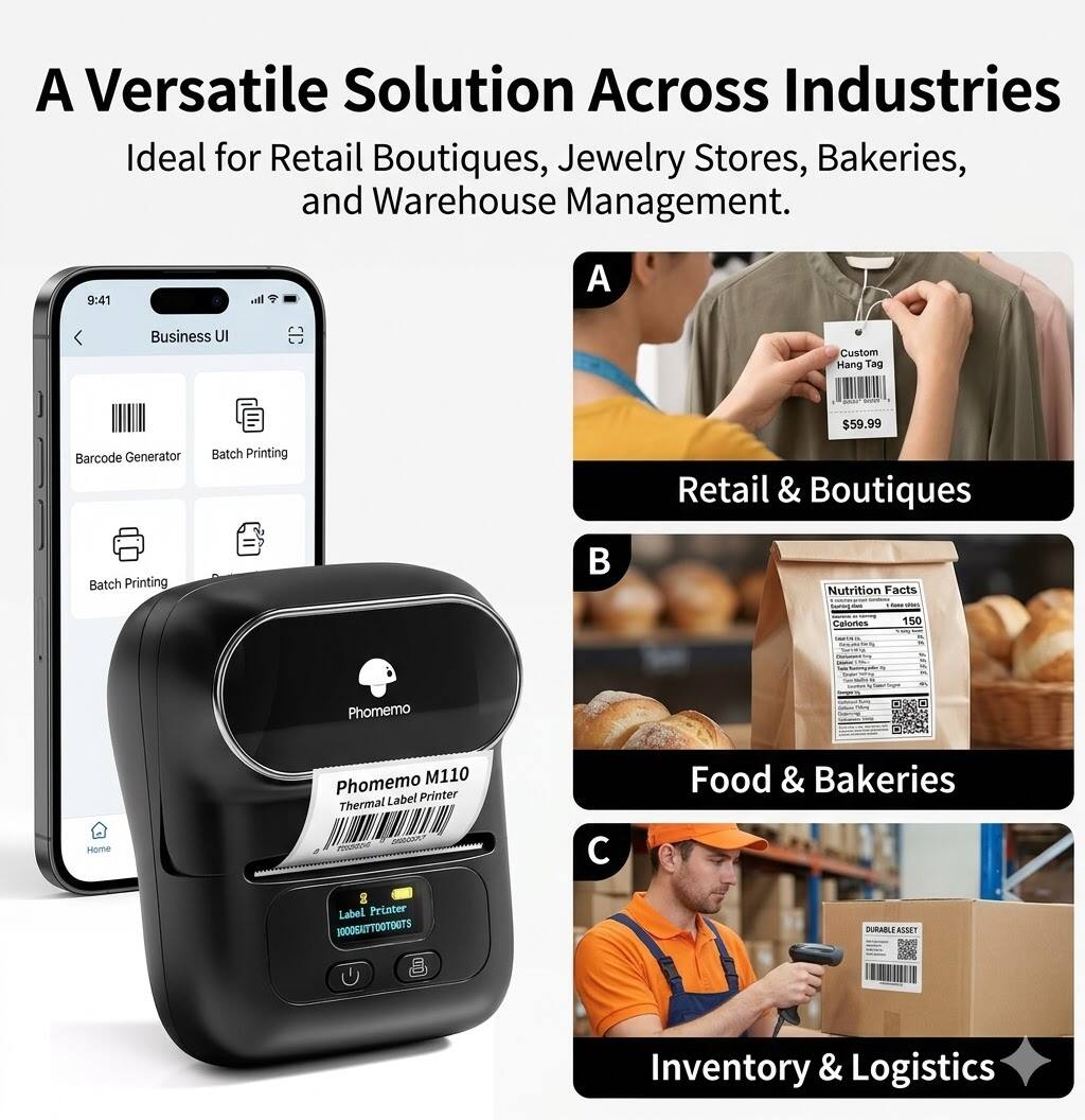 A Versatile Solution Across Industries  
Ideal for Retail Boutiques, Jewelry Stores, Bakeries, and Warehouse Management.

A. Retail & Boutiques  
- Business UI  
- Custom Hang Tag $59.99  
- Barcode Generator  
- Batch Printing  

B. Food & Bakeries  
- Nutrition Facts  
- Calories 150  

C. Inventory & Logistics  
- DURABLE ASSET  

Phomemo M110 Label Printer Thermal  
Label Printer 1000SATTOOTS