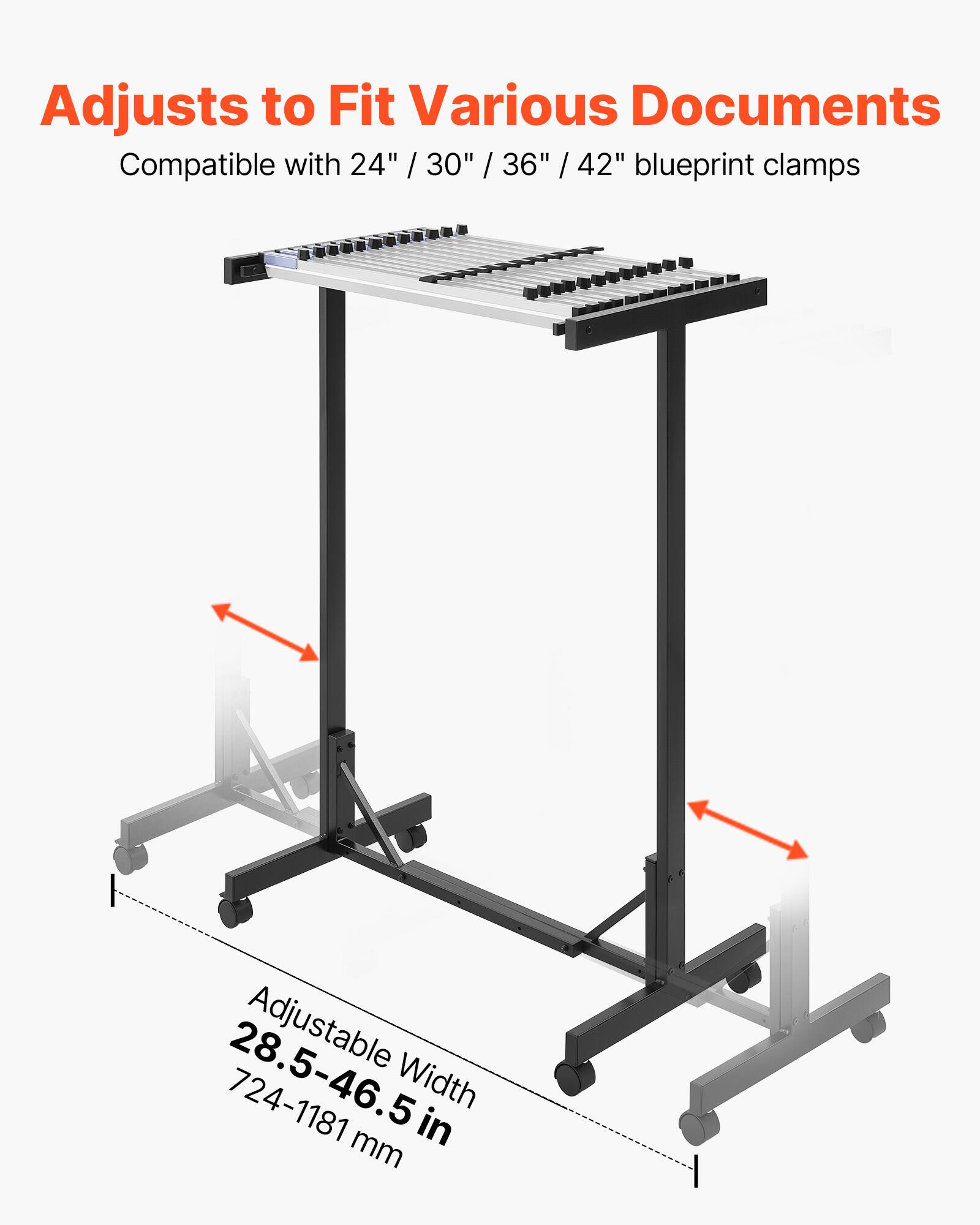 Adjusts to Fit Various Documents  
Compatible with 24" / 30" / 36" / 42" blueprint clamps  
Adjustable Width: 28.5-46.5 in (724-1181 mm)