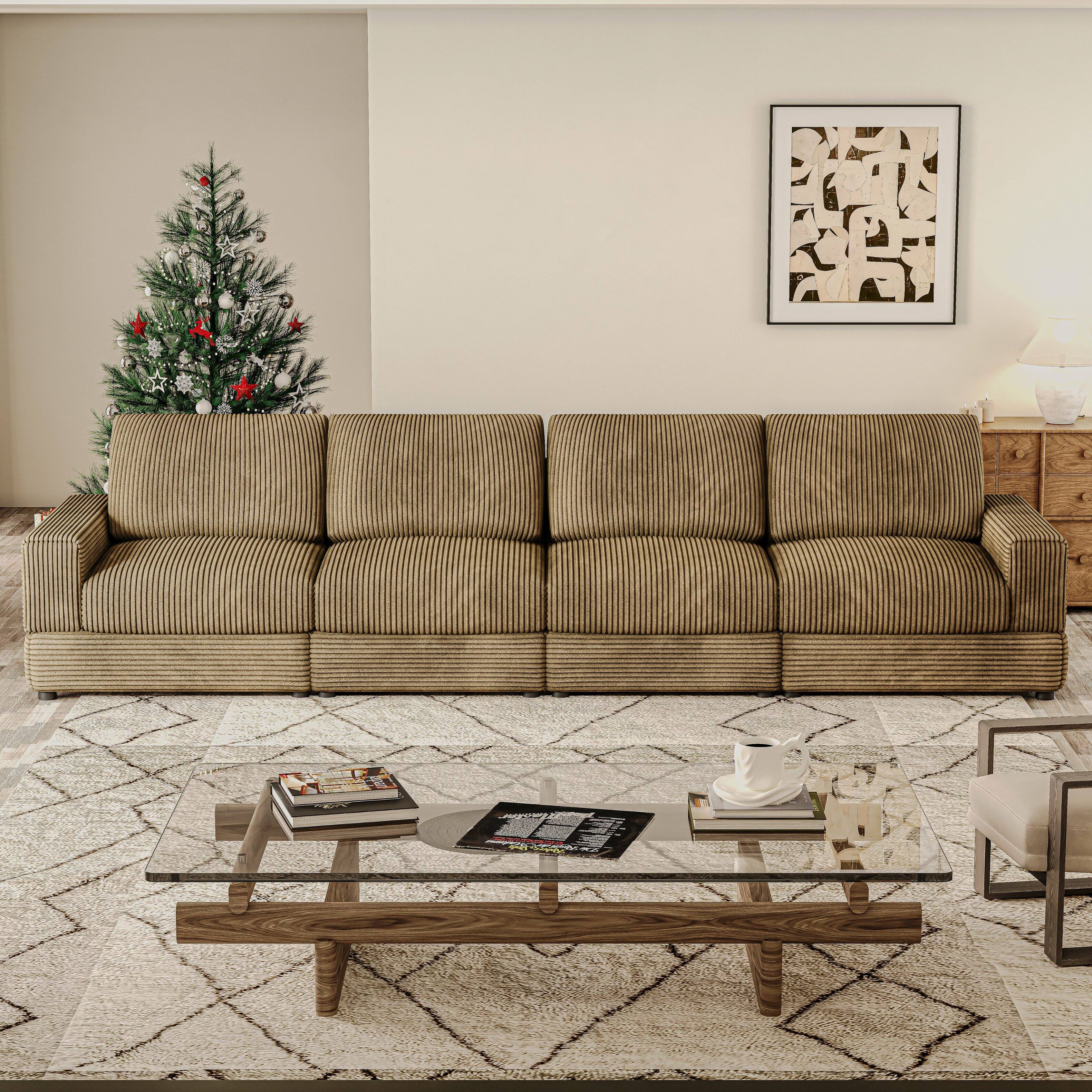 Alt View 3. MSOOB - 138'' 4-Seater Corduroy Sofa Extra Wide Corduroy Couch with Pillows Back and Deep Seat for Theater Rooms(Green) - Green.