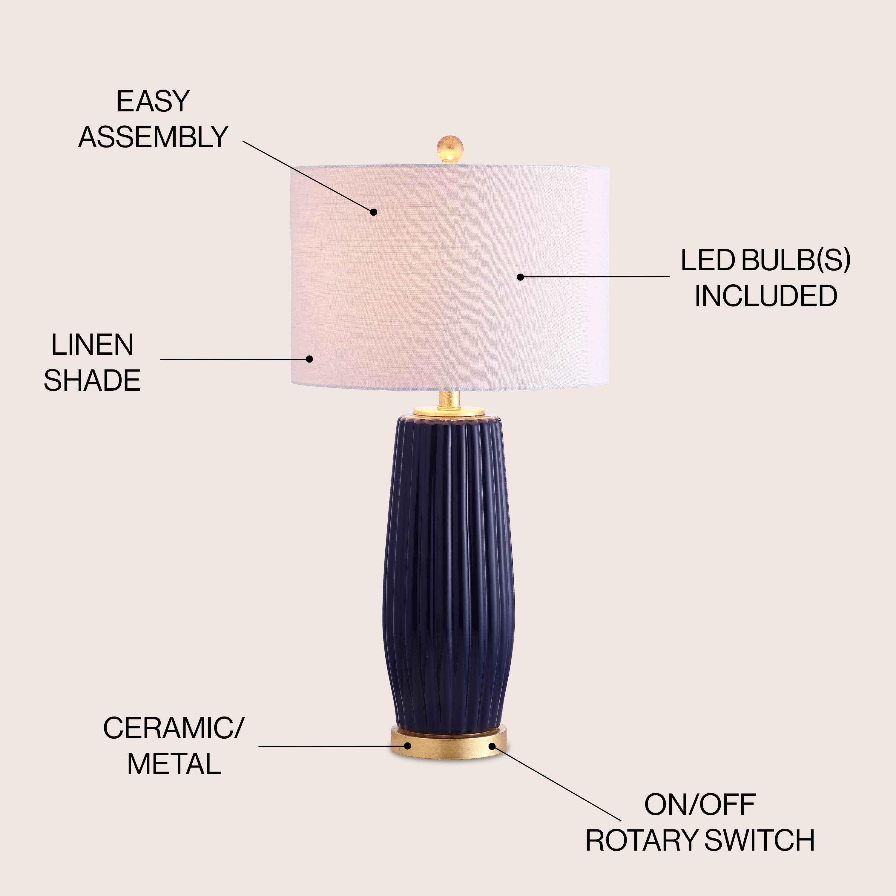 - EASY ASSEMBLY
- LED BULB(S) INCLUDED
- LINEN SHADE
- CERAMIC/METAL
- ON/OFF ROTARY SWITCH