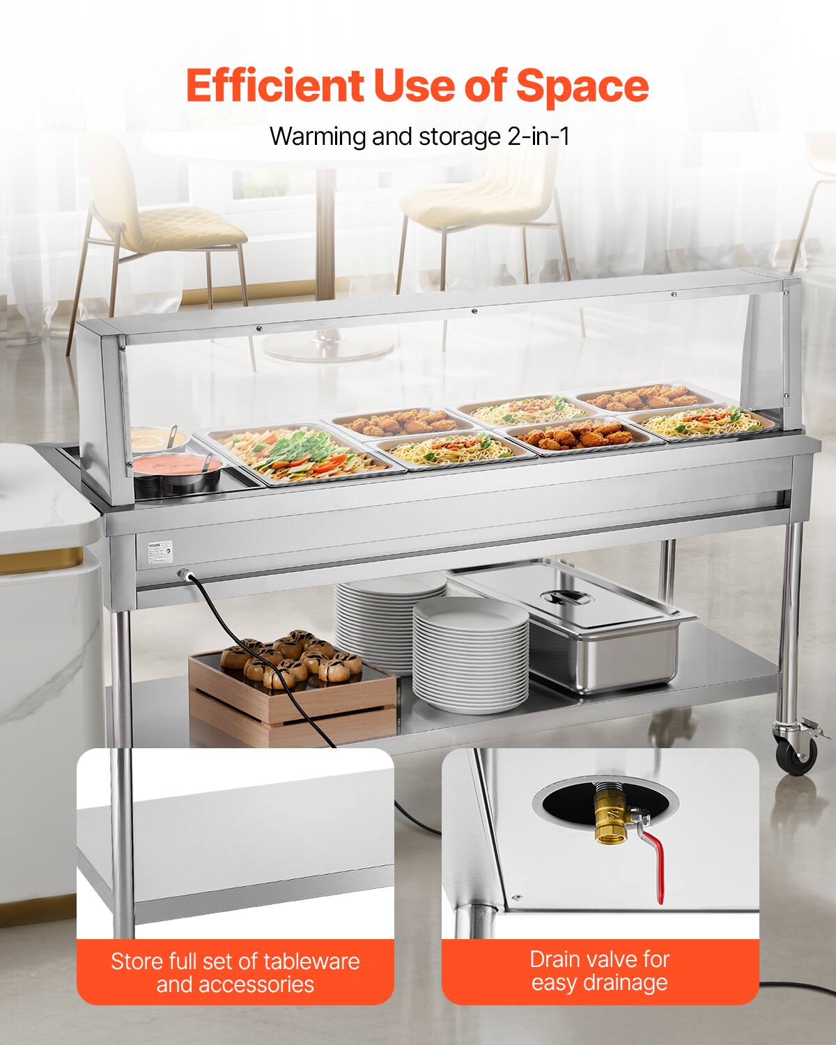 Efficient Use of Space  
Warming and storage 2-in-1  

Store full set of tableware and accessories  

Drain valve for easy drainage
