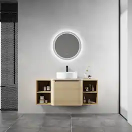 Loheer - 48 inch wall mounted bathroom vanity with storage shelves, floating vanity - American White Oak