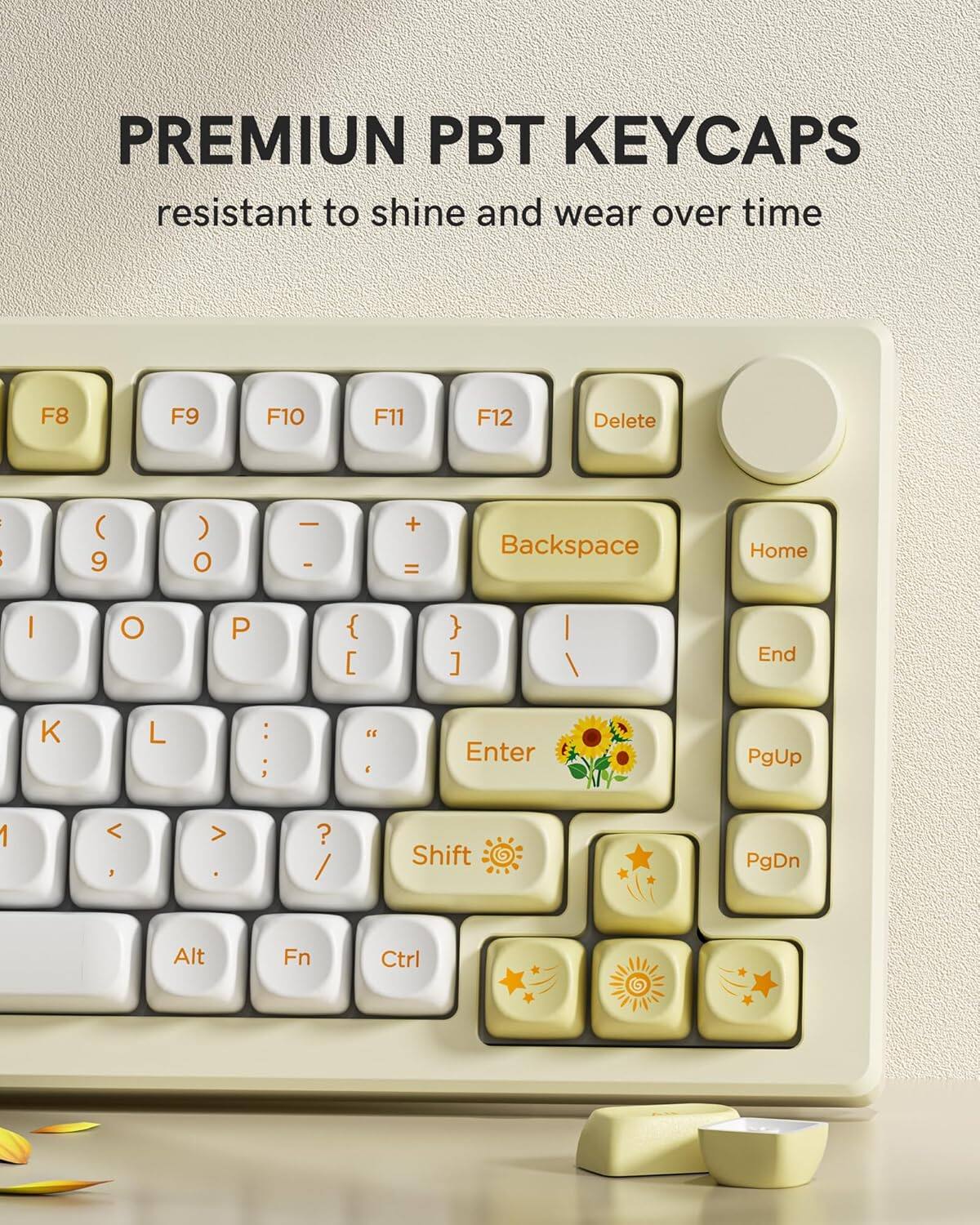 PREMIUM PBT KEYCAPS resistant to shine and wear over time

F8 F9 F10 F11 F12 Delete

9 0 - + = Backspace Home I O P { [ } ] I I End K L : ; " I Enter PgUp 1 < > ? / Shift PgDn Alt Fn Ctrl