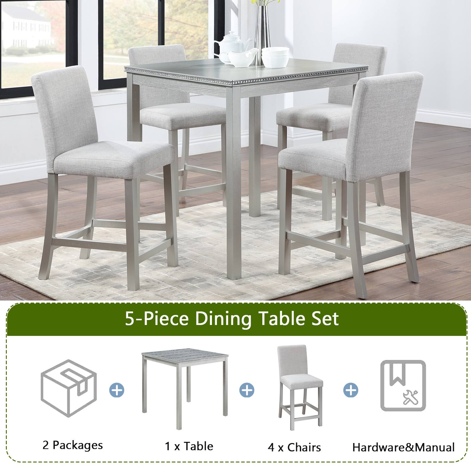 TinyHomie 5 Piece Counter Height Table Set Wooden Square Table 4 ...