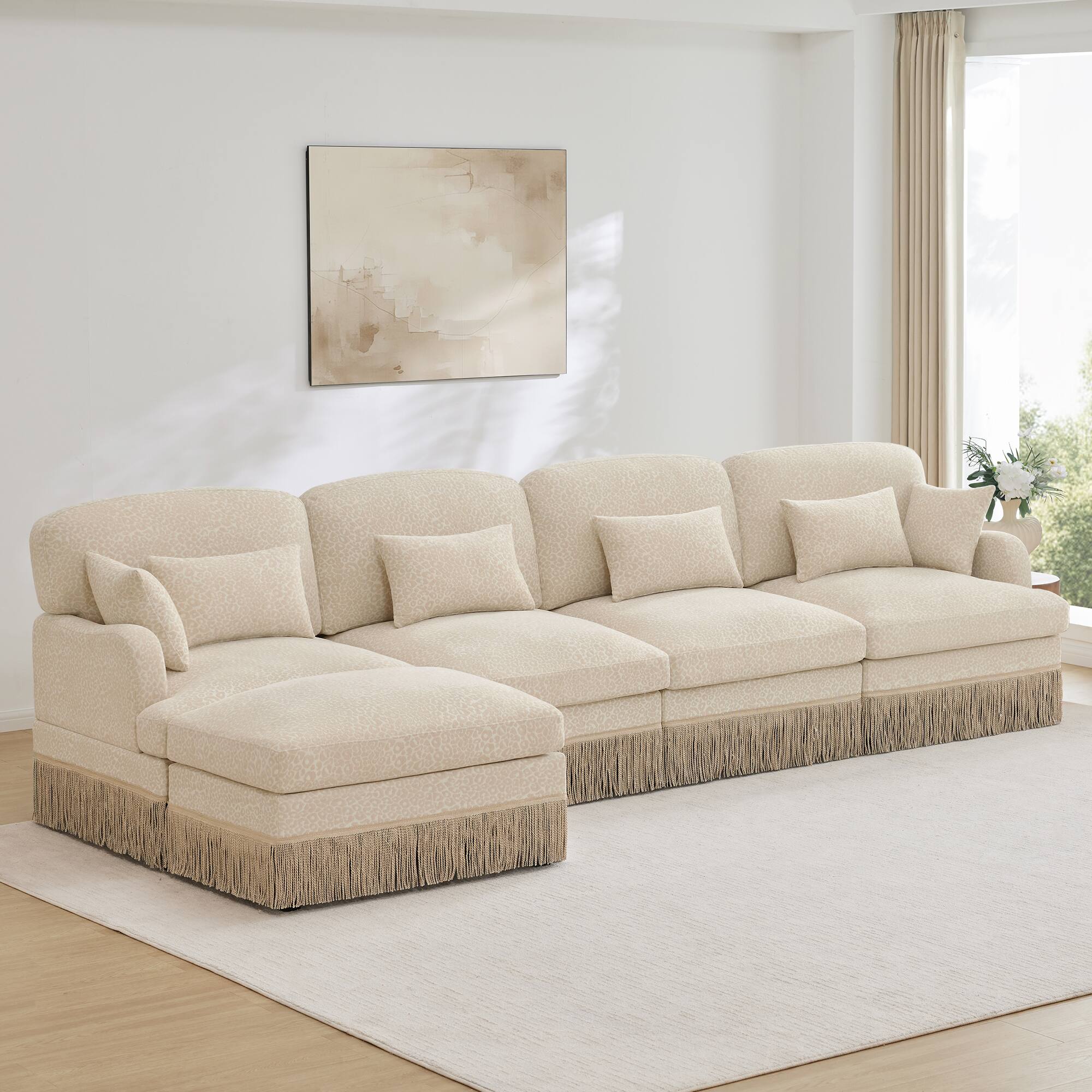 "Anysun - 131"" 4-Seater Flexible Modular Leopard Print Chenille L-Shaped Sofa with Tassel Edges & Movable Ottoman - Beige" price history on PriceWatchPro