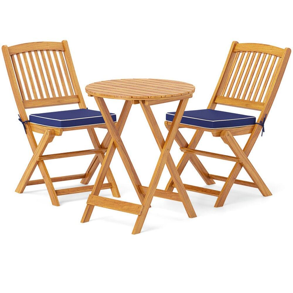 Alt View 2. Pefilos - 3 Pieces Acacia Wood Patio Folding Bistro Set with SoFeet Cushions, Patio Conversation Set for Outdoor, Navy - Blue.