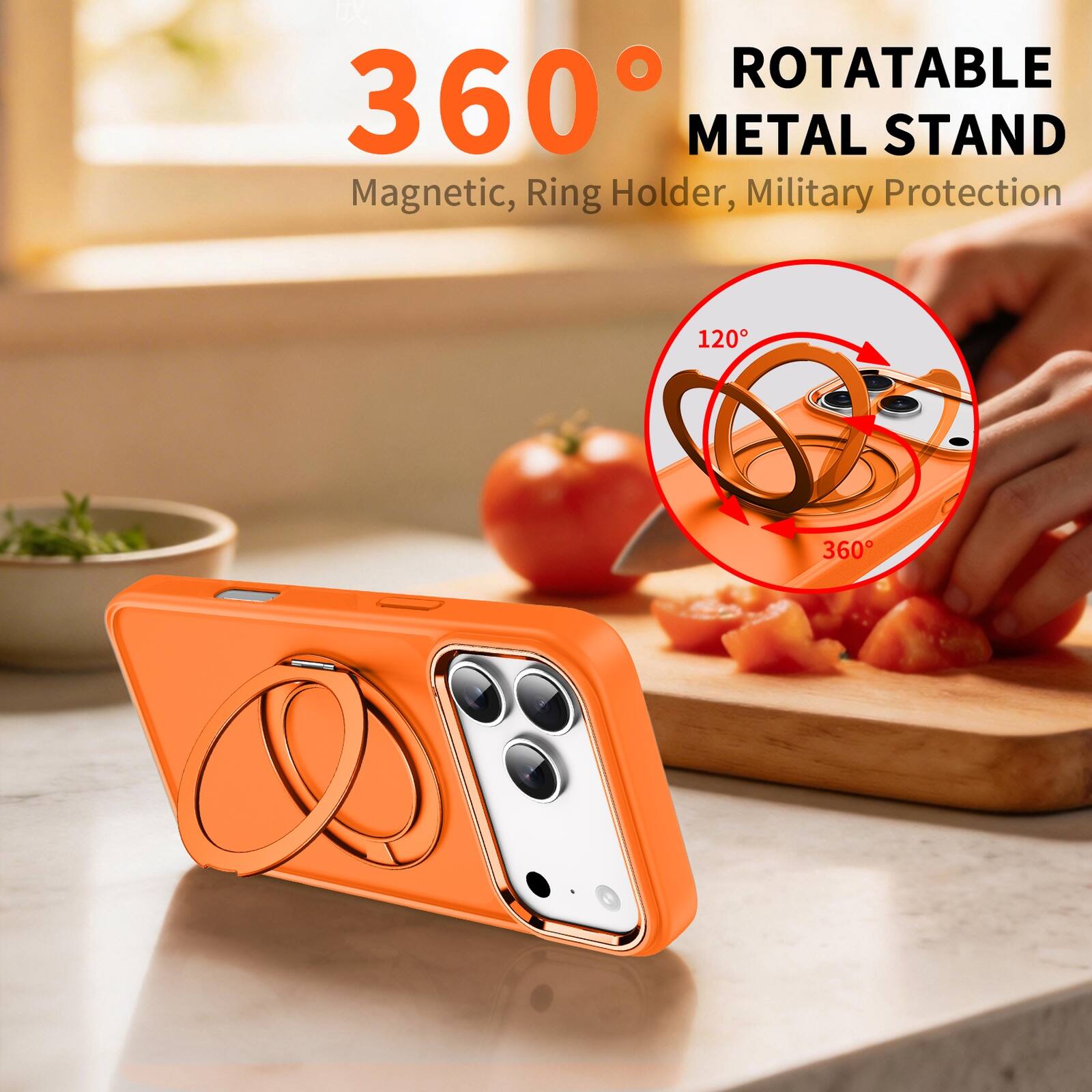 ROTATABLE 360° METAL STAND  
Magnetic, Ring Holder, Military Protection