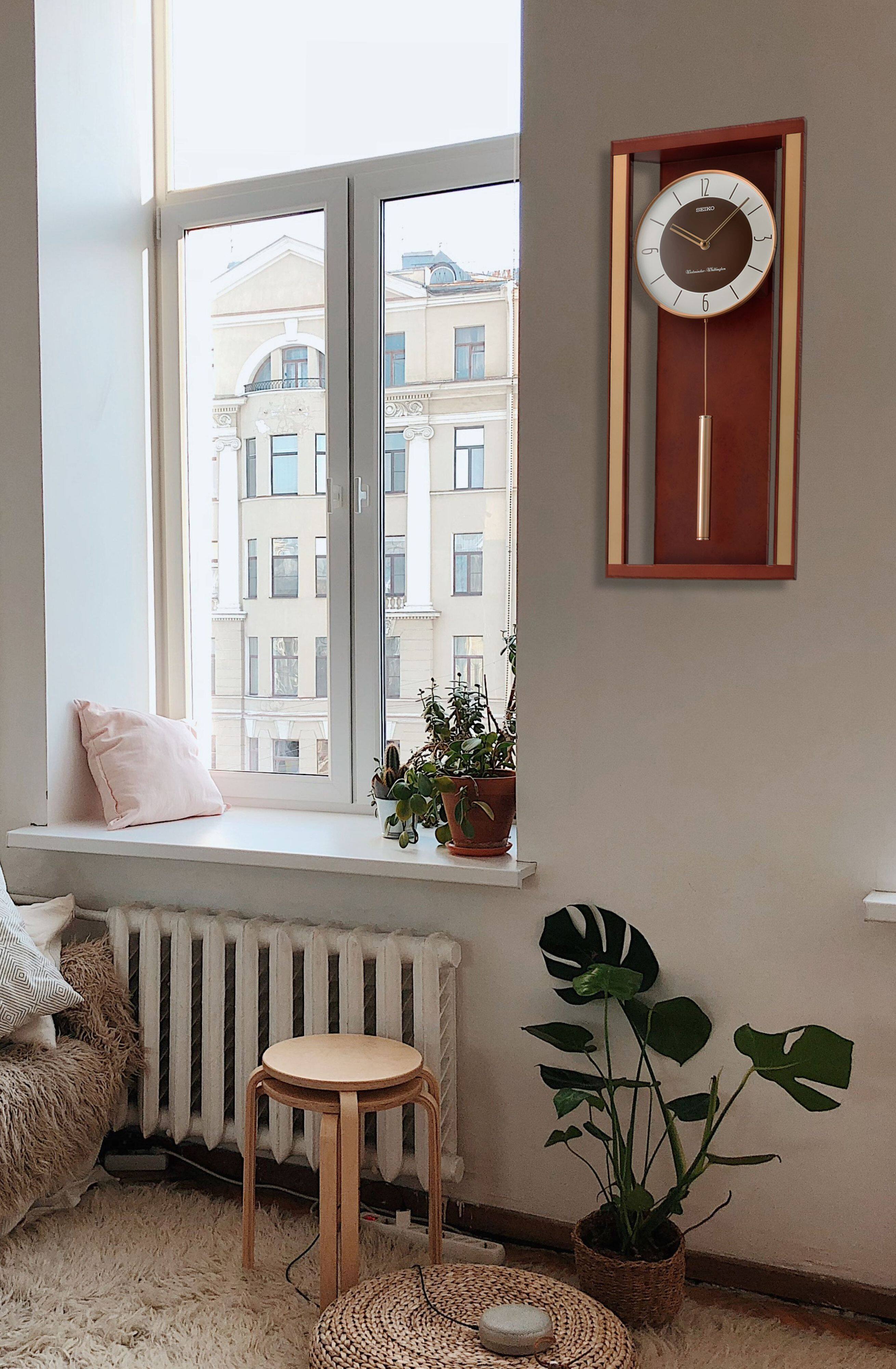 Back. Seiko - Seiko Modern Deco Wall Clock with Pendlum and Dual Chimes - Brown - Brown.