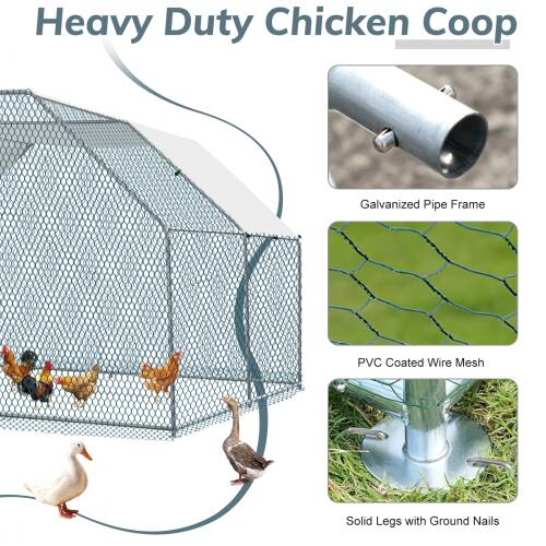 Heavy Duty Chicken Coop  
Galvanized Pipe Frame  
PVC Coated Wire Mesh  
Solid Legs with Ground Nails