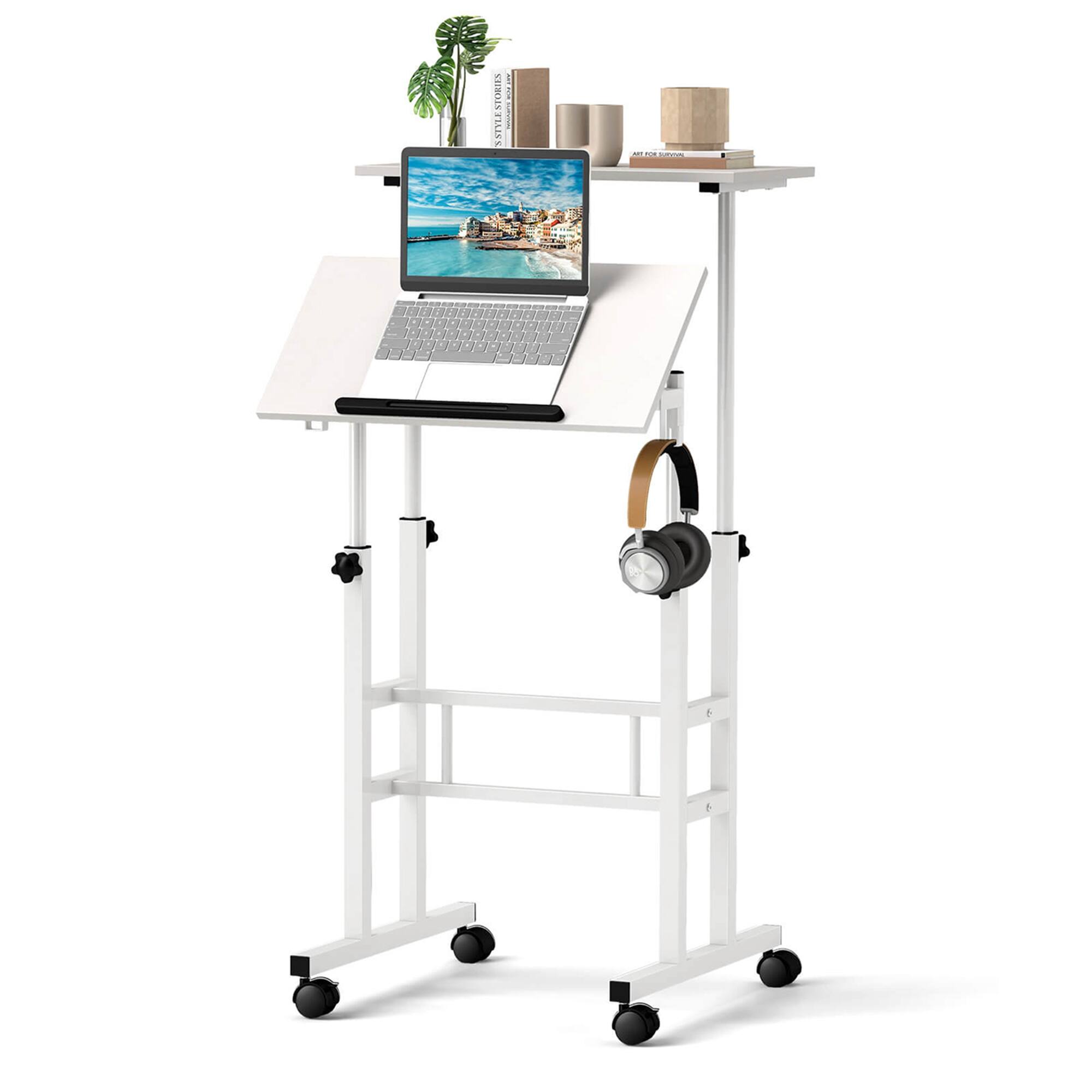 Costway - Height Adjustable Mobile Standing Desk with Tiltable Desktop & 2 Hanging Hooks - White