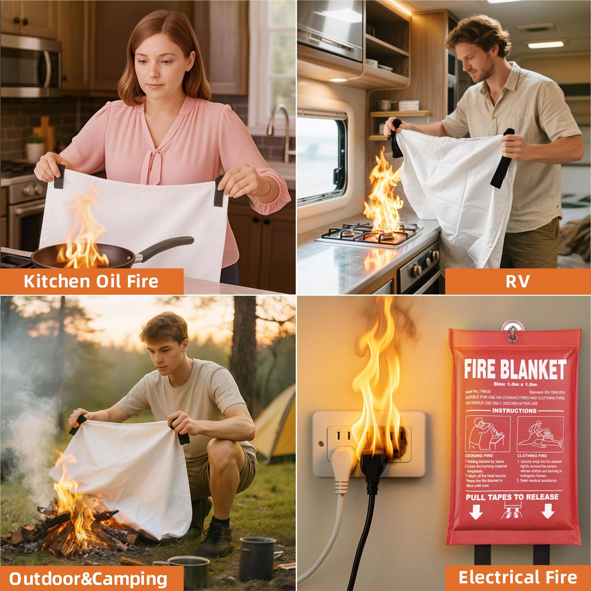 Kitchen Oil Fire

RV

Outdoor & Camping

Electrical Fire

FIRE BLANKET

Size: 0.9m x 1.0m

INSTRUCTIONS

COOKING FIRE
1. Cover the burning pan with the blanket.
2. Do not remove the blanket until the fire is out.

CLOTHING FIRE
1. Remove the burning clothing.
2. Cover the person with the blanket.
3. Do not remove the blanket until the fire is out.

PULL TAPES TO RELEASE