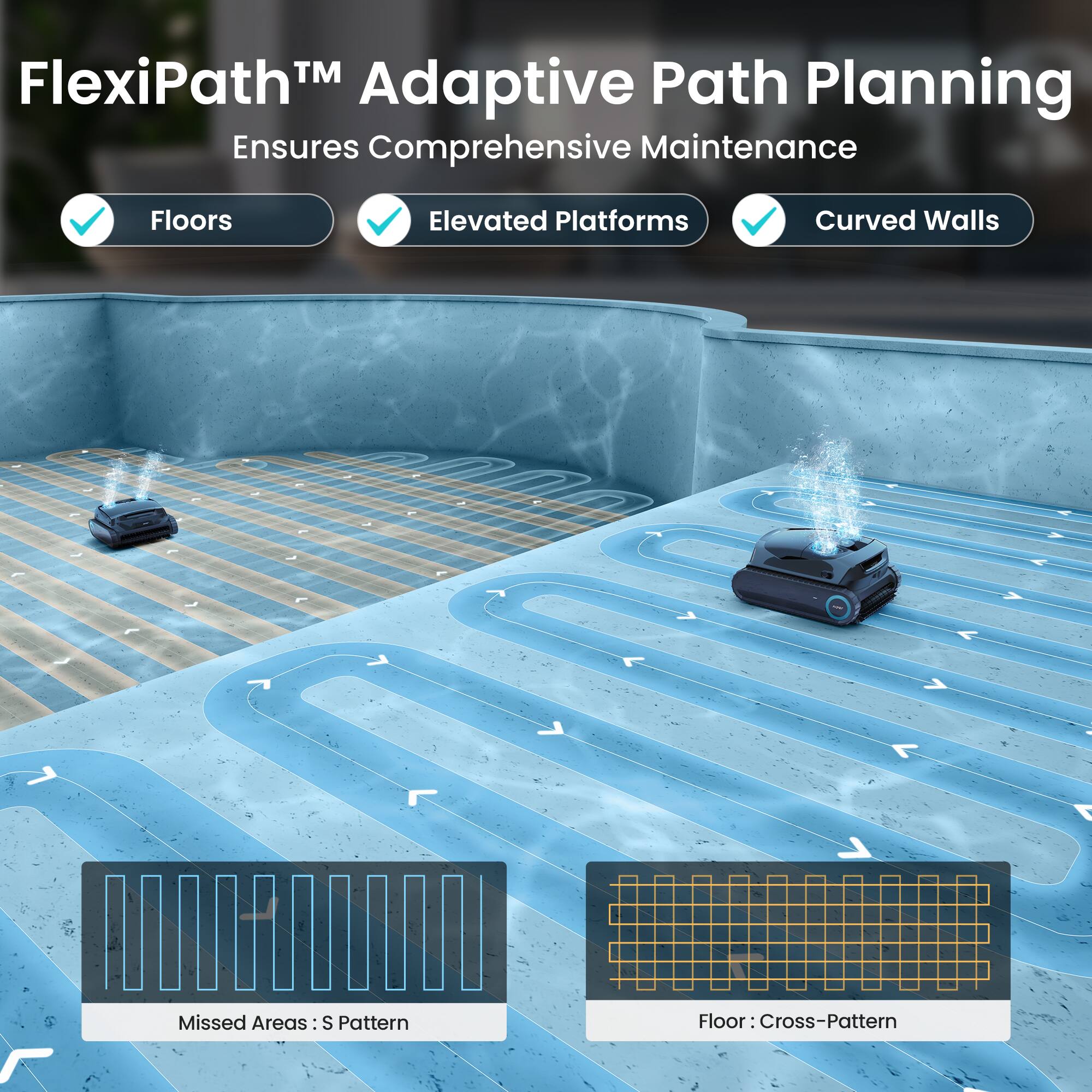FlexiPath™ Adaptive Path Planning  
Ensures Comprehensive Maintenance

- Floors
- Elevated Platforms
- Curved Walls

Missed Areas: S Pattern  
Floor: Cross-Pattern