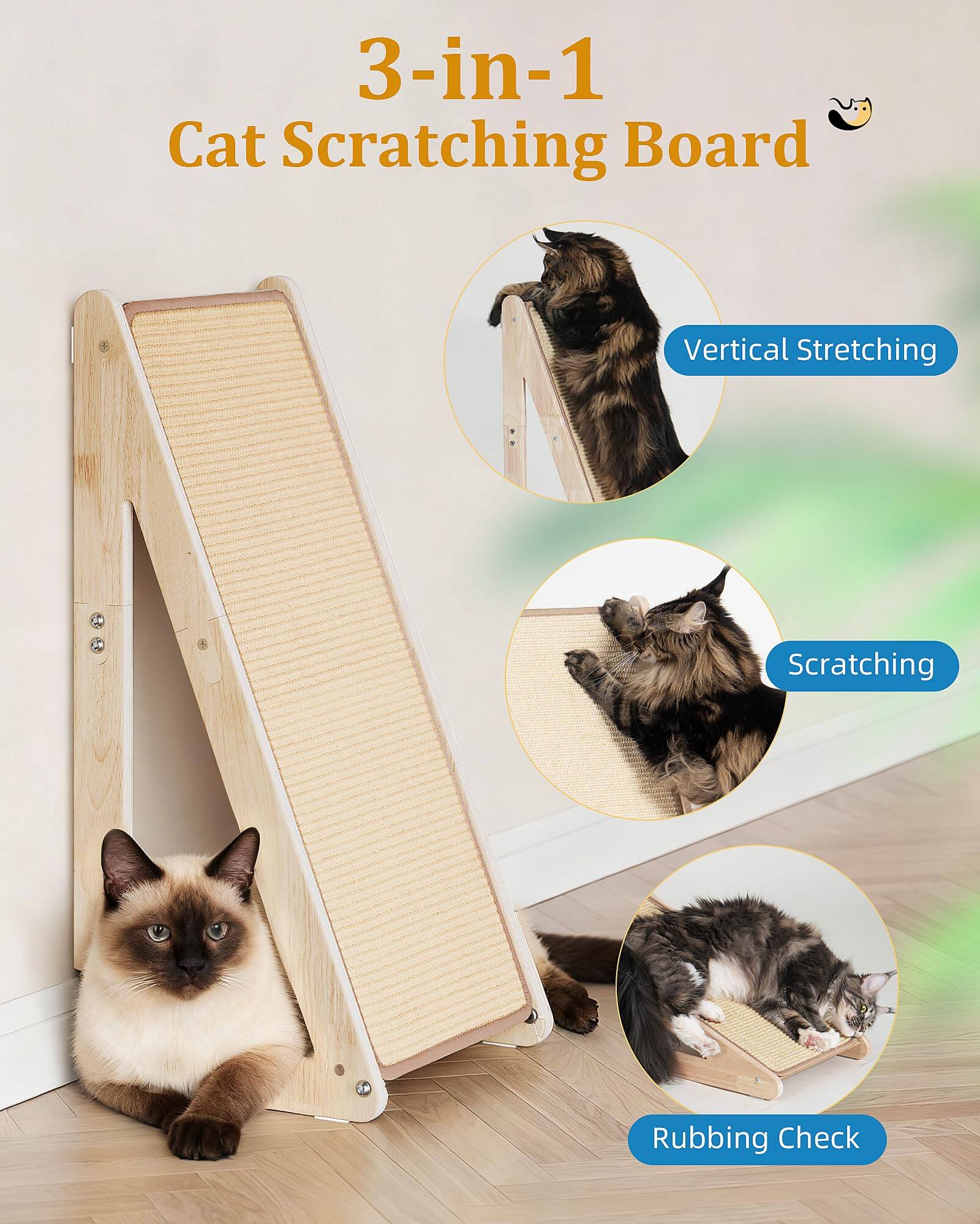 3-in-1 Cat Scratching Board

- Vertical Stretching
- Scratching
- Rubbing Check