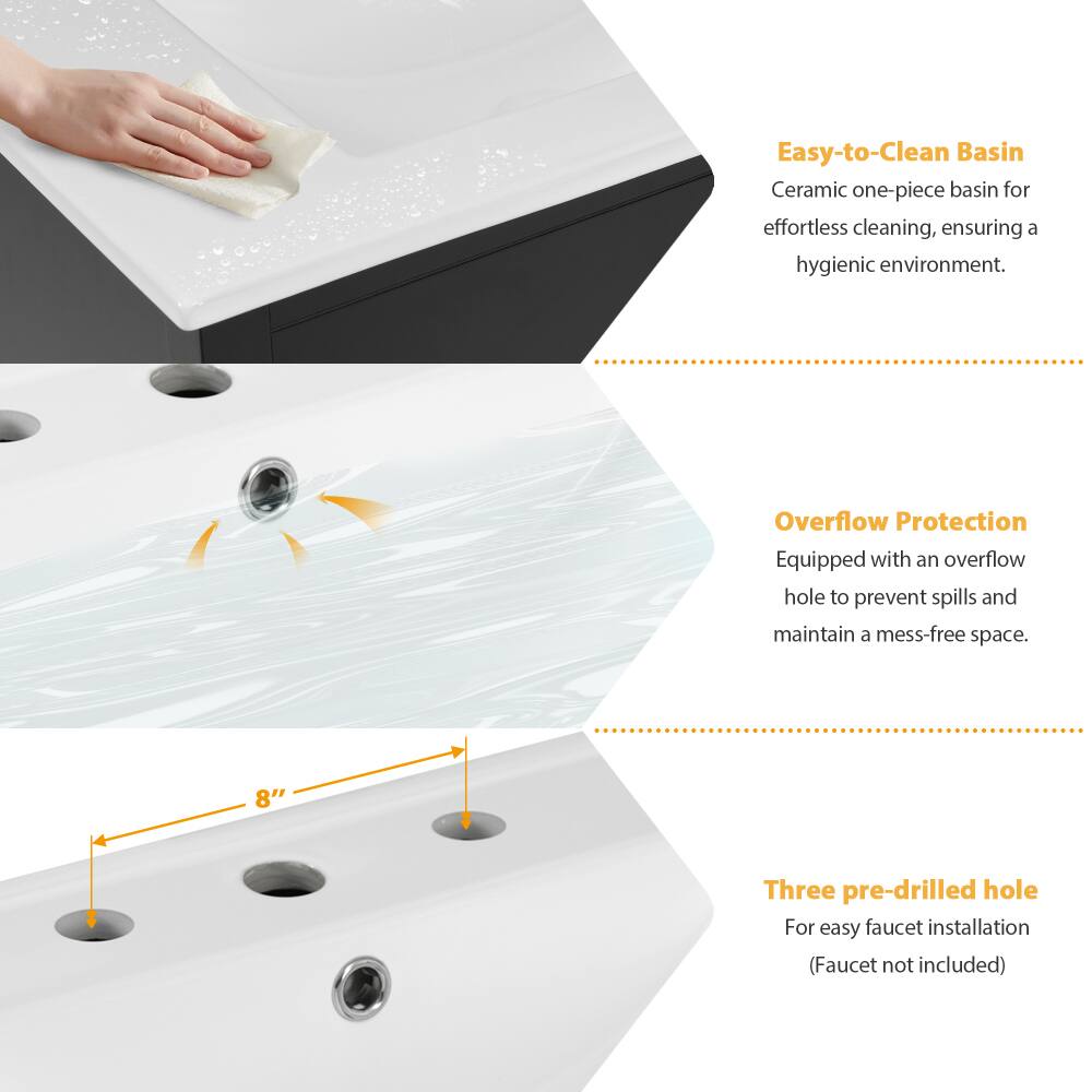 Easy-to-Clean Basin  
Ceramic one-piece basin for effortless cleaning, ensuring a hygienic environment.  

Overflow Protection  
Equipped with an overflow hole to prevent spills and maintain a mess-free space.  

8" Three pre-drilled hole  
For easy faucet installation (Faucet not included)