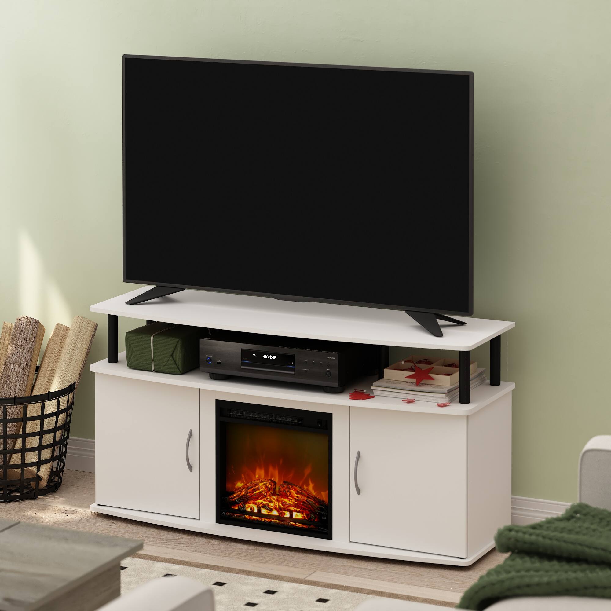 Alt View 1. Furinno - JENSEN Fireplace TV Stand, Entertainment Center, with Open Shelf, Storage Cabinet, for Living Room - Plain White/Black.
