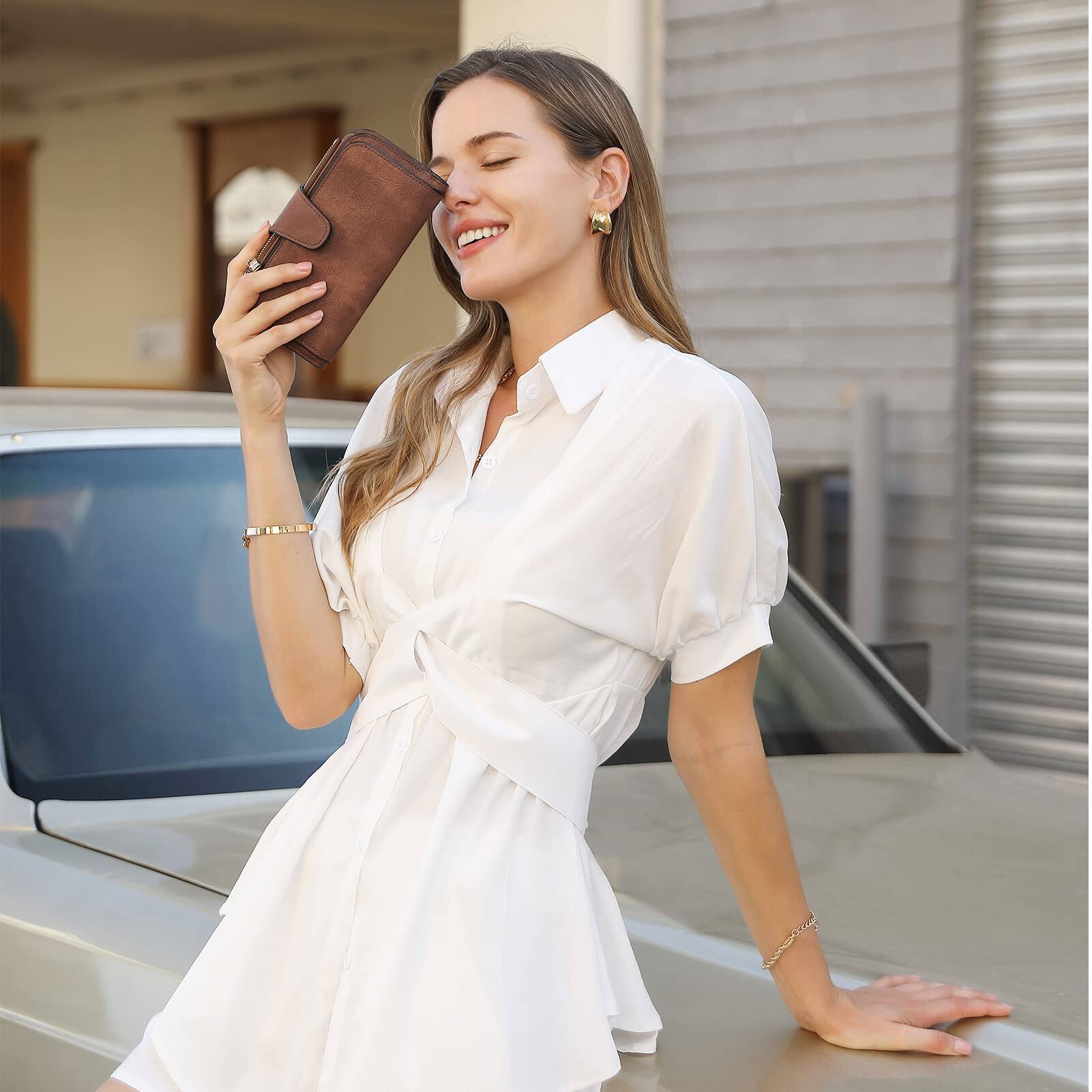 Left. Jadie Link - Wallet Women Leather Rfid Blocking Womens Bifold Card Holder Ladies Clutch Window Main Materialwomen wallet made high - 2 Two-toned Coffee.