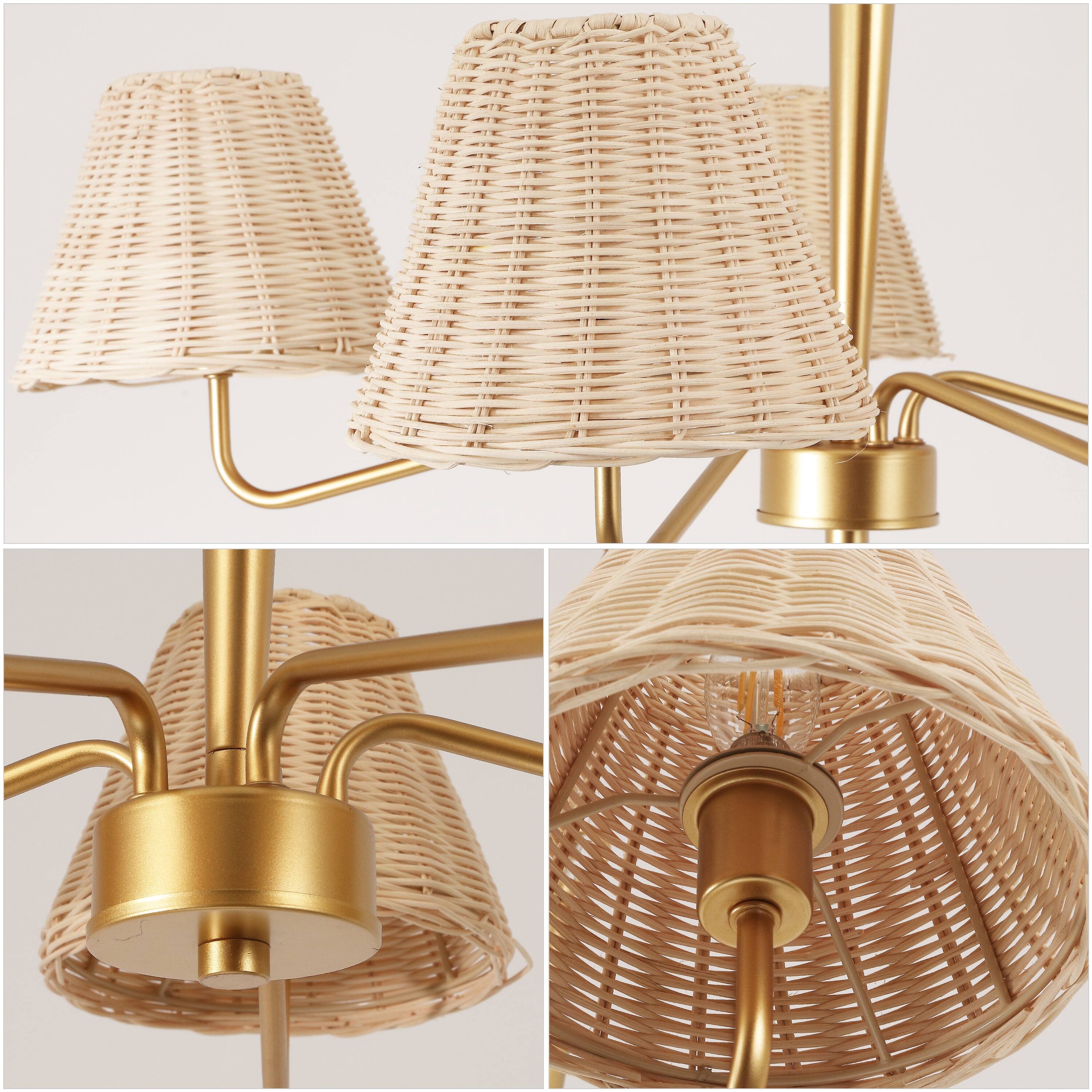 Alt View 5. Jonathan Y - Libby 30" 5-Light Modern Coastal Sleek Woven Rattan/Iron LED Chandelier, Gold Painting/Light Brown - Gold Painting.