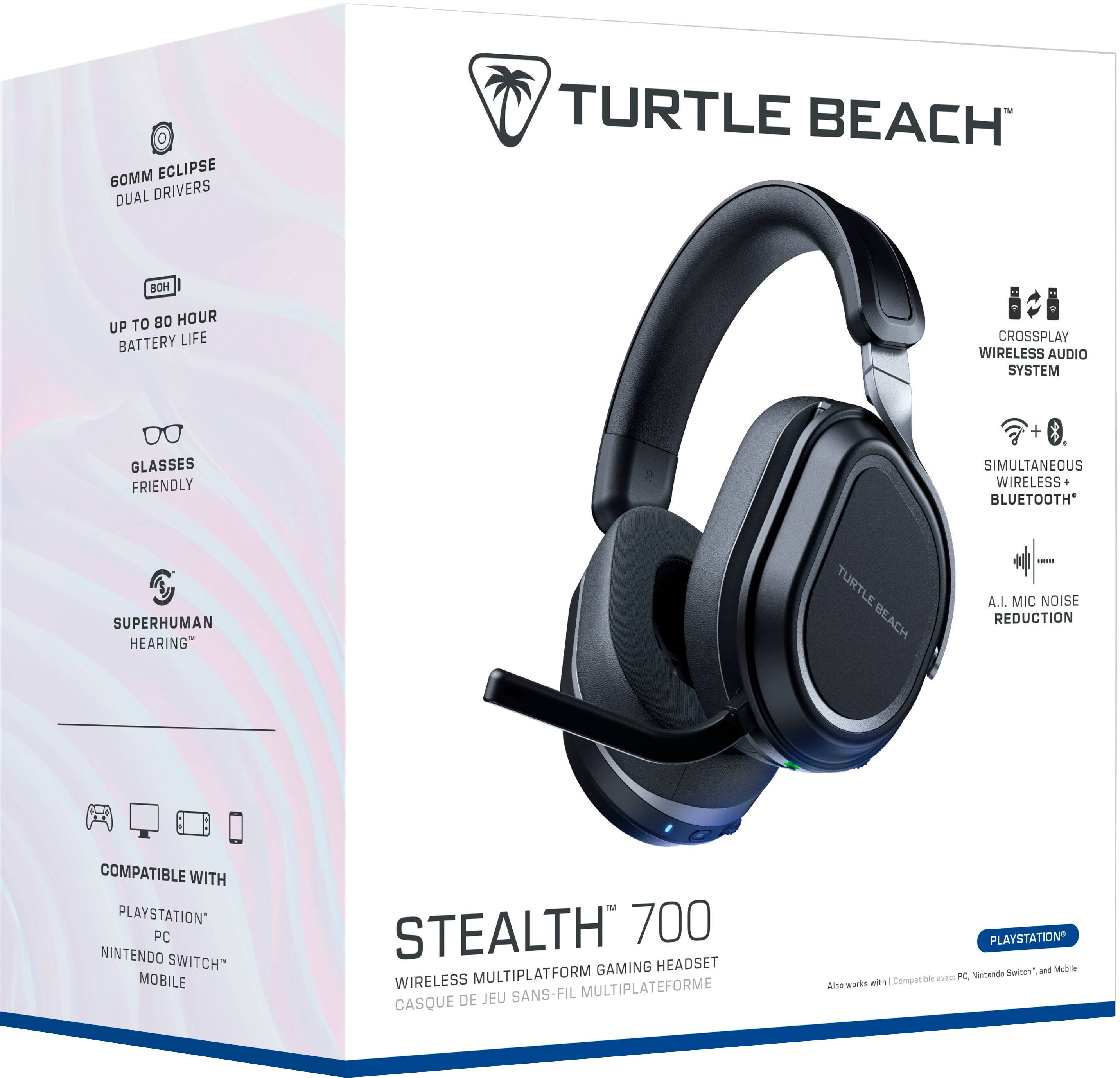 Turtle Beach Stealth 700 Gaming Headset: Wireless Multiplatform Compatible with PlayStation* PC Nintendo Switch Mobile. 60MM ECLIPSE DUAL DRIVERS. BATTERY LIFE UP TO 80 HOURS. CROSSPLAY WIRELESS AUDIO SYSTEM. GLASSES FRIENDLY. SIMULTANEOUS WIRELESS BLUETOOTH. SUPERHUMAN HEARING. TURTLE BEACH - A.I. MIC NOISE REDUCTION. COMPATIBLE WITH PLAYSTATION* PC NINTENDO SWITCH MOBILE. STEALTH 700 GAMING HEADSET. WIRELESS MULTIPLATFORM. JEU SANS-FIL MULTIPLATEFORME. CASQUE DE PLAYSTATION* Switch" and Mobile.