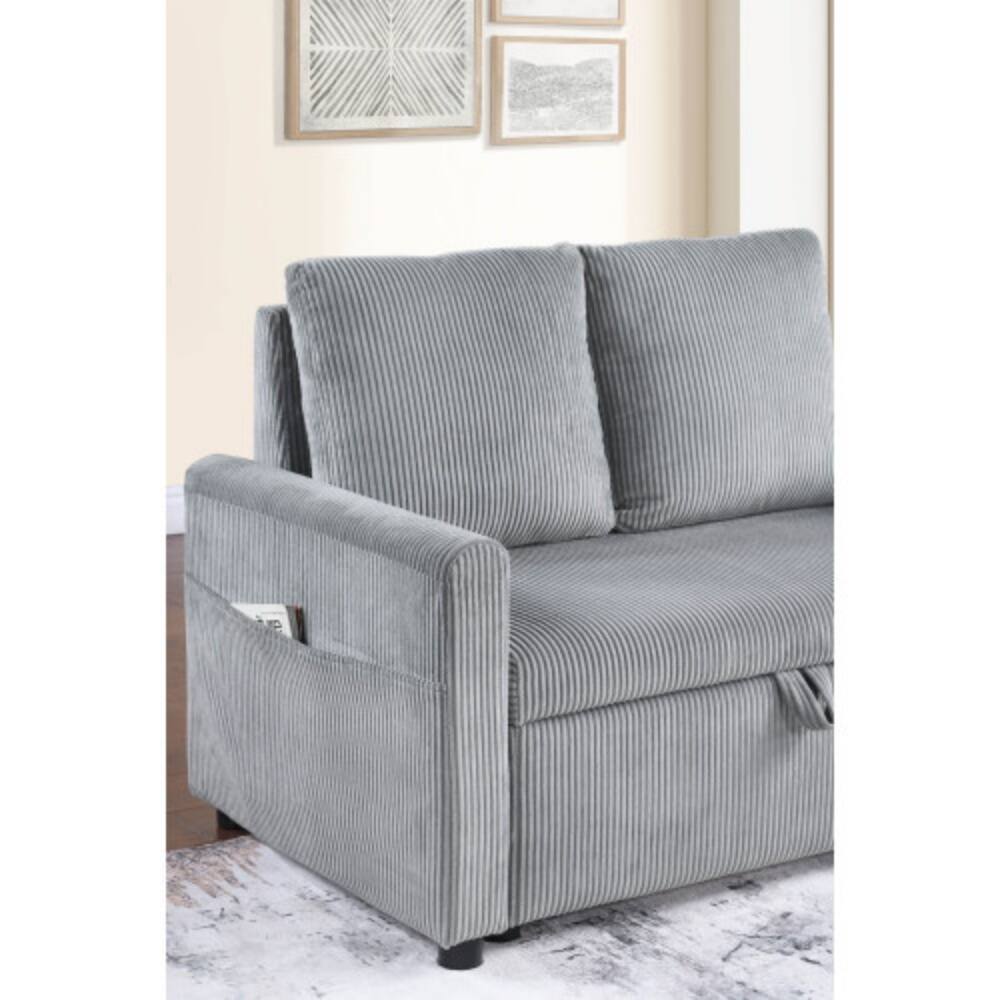 Alt View 4. LUCKY ONE - 70" Gray Corduroy Sofa with Pull-Out Chaise, Underseat Storage, Side Pockets, Compact Size for Small Spaces - Gray.