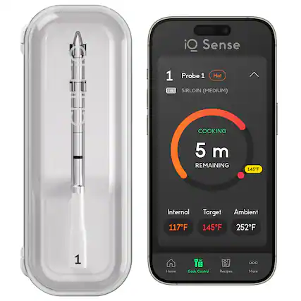 iO Sense 1
Probe 1
Hot
SIRLOIN (MEDIUM)
COOKING 5 m
REMAINING 145F
Internal 117F
Target 145F
Ambient 252F
Home
Cook Control
Recipes
More