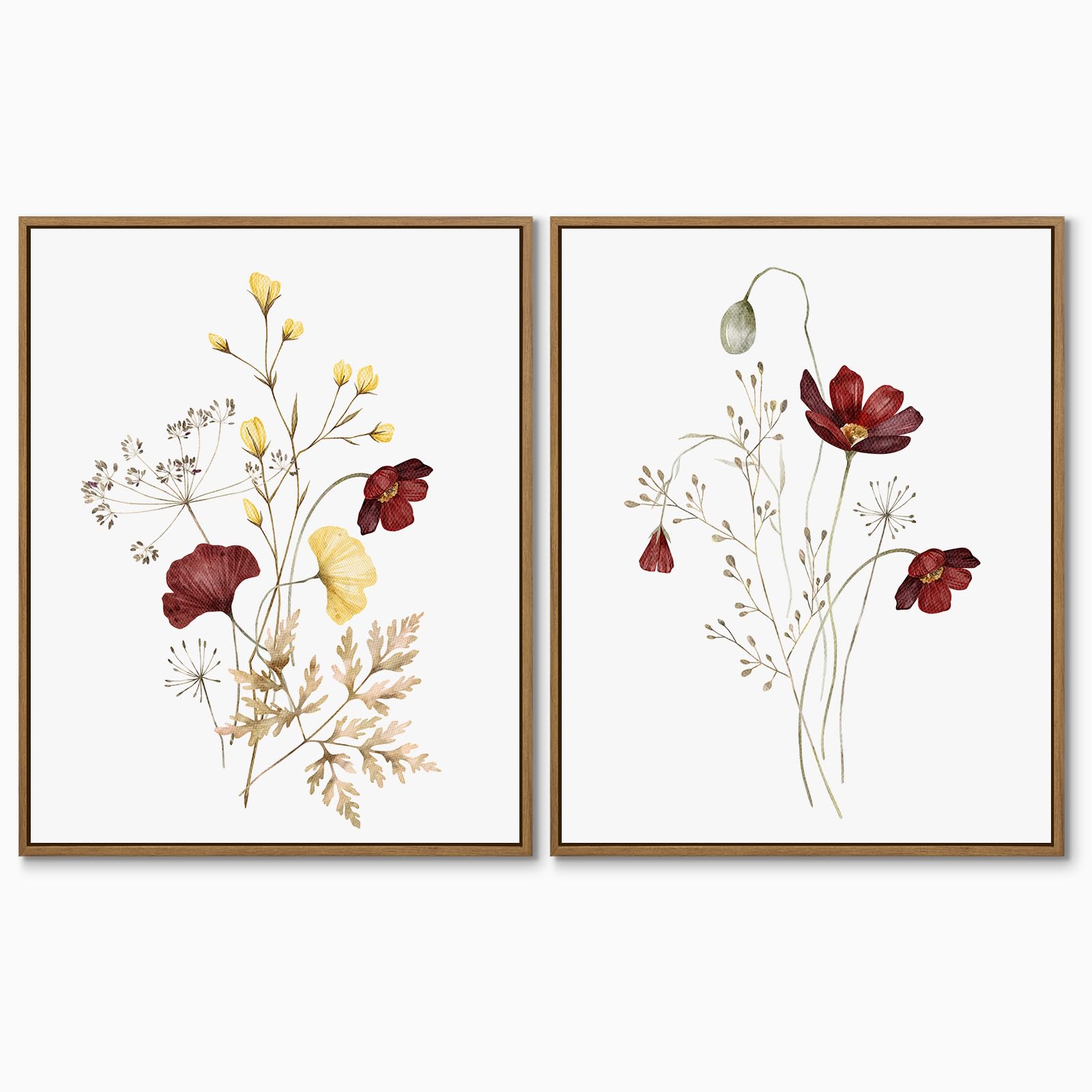Front. Hirose Alice - Boho Wall Art Set of 2 Watercolor Botanical Floral Picture Blossomy Wildflower Canvas Art Prints Minimalist - Burgundy Flower (Framed) 14L" x 11W".