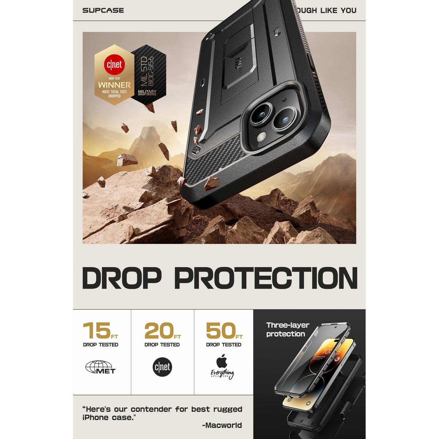 SUPCASE  
DUGH LIKE YOU  

DROP PROTECTION  

15 FT DROP TESTED  
20 FT DROP TESTED  
50 FT DROP TESTED  

Three-layer protection  

c/net  
WINNER  
MOST TOTAL FEET DROPPED  

MIL-STD-810G  
MILITARY  

MET  
c/net  
Dropped  
Everyworld  

"Here's our contender for best rugged iPhone case."  
-Macworld