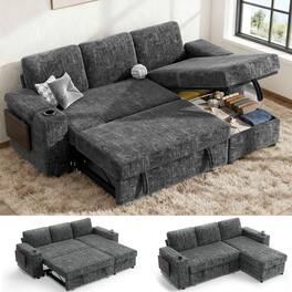 Dyonery - 85" Modular Sectional Sleeper Sofa with Pull Out Bed, 3 Seat L Shaped with Reclining Backrest,Chenille Gray - Gray