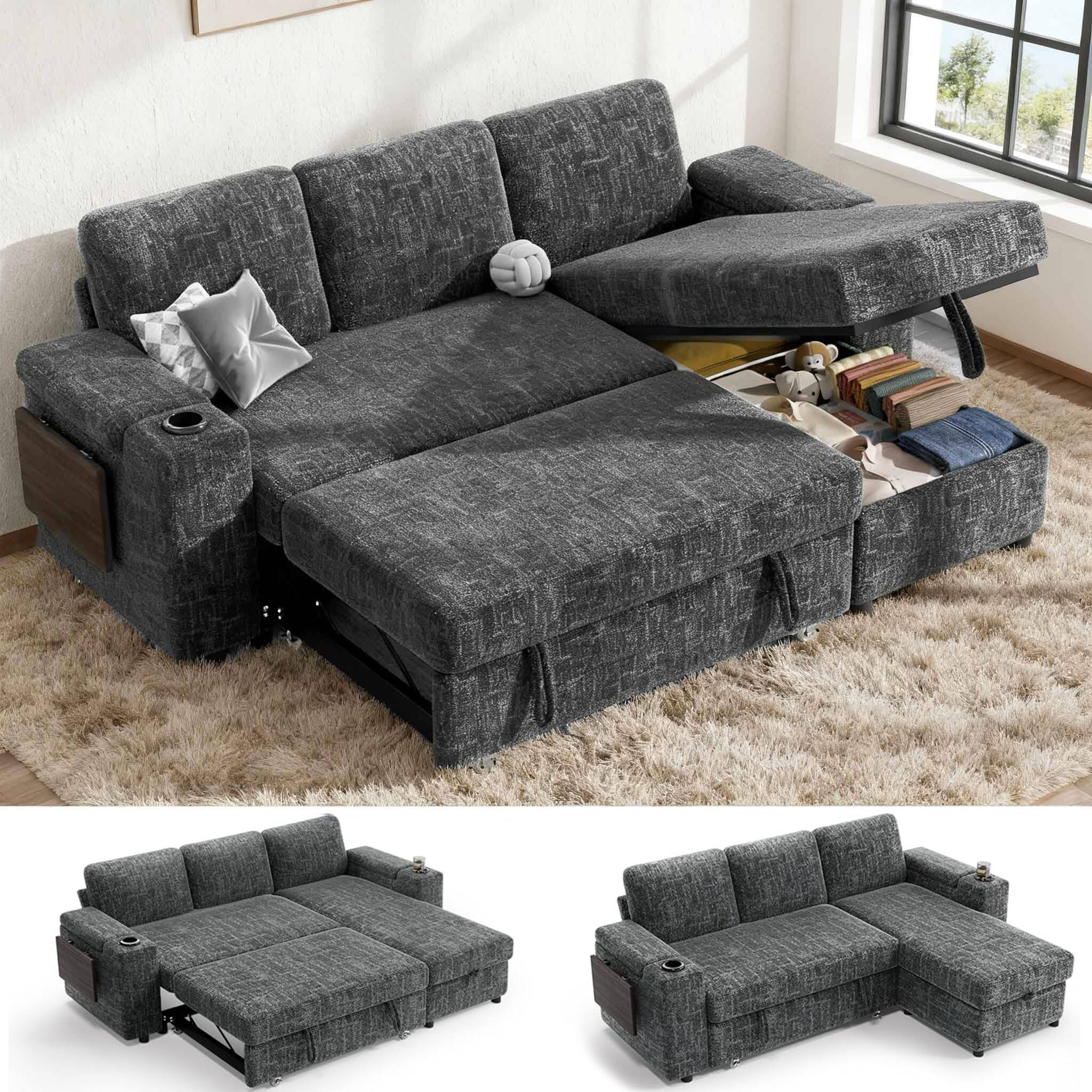 Front. Dyonery - Dyonery 85" Modular Sectional Sleeper Sofa with Pull Out Bed, 3 Seat L Shaped with Reclining Backrest,Chenille Gray - Gray.