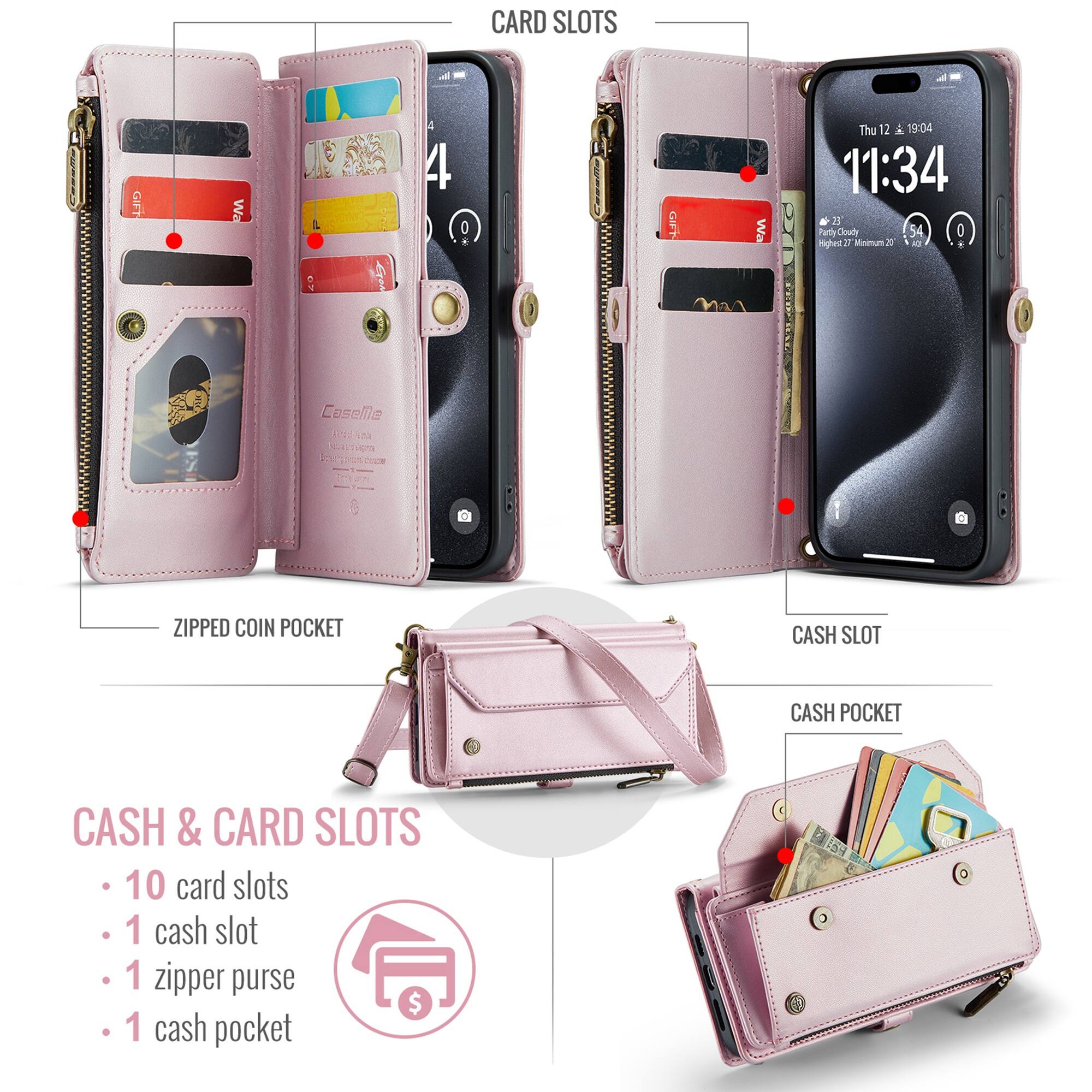 CARD SLOTS

GIFT
Wa

Thu 12 A 19:04 11:34 is Partly Cloudy 54 Highest y Minimum 31

Caselle

ZIPPE COIN POCKET

CASH SLOT

CASH POCKET

CASH & CARD SLOTS
- 10 card slots
- 1 cash slot
- 1 zipper purse
- 1 cash pocket