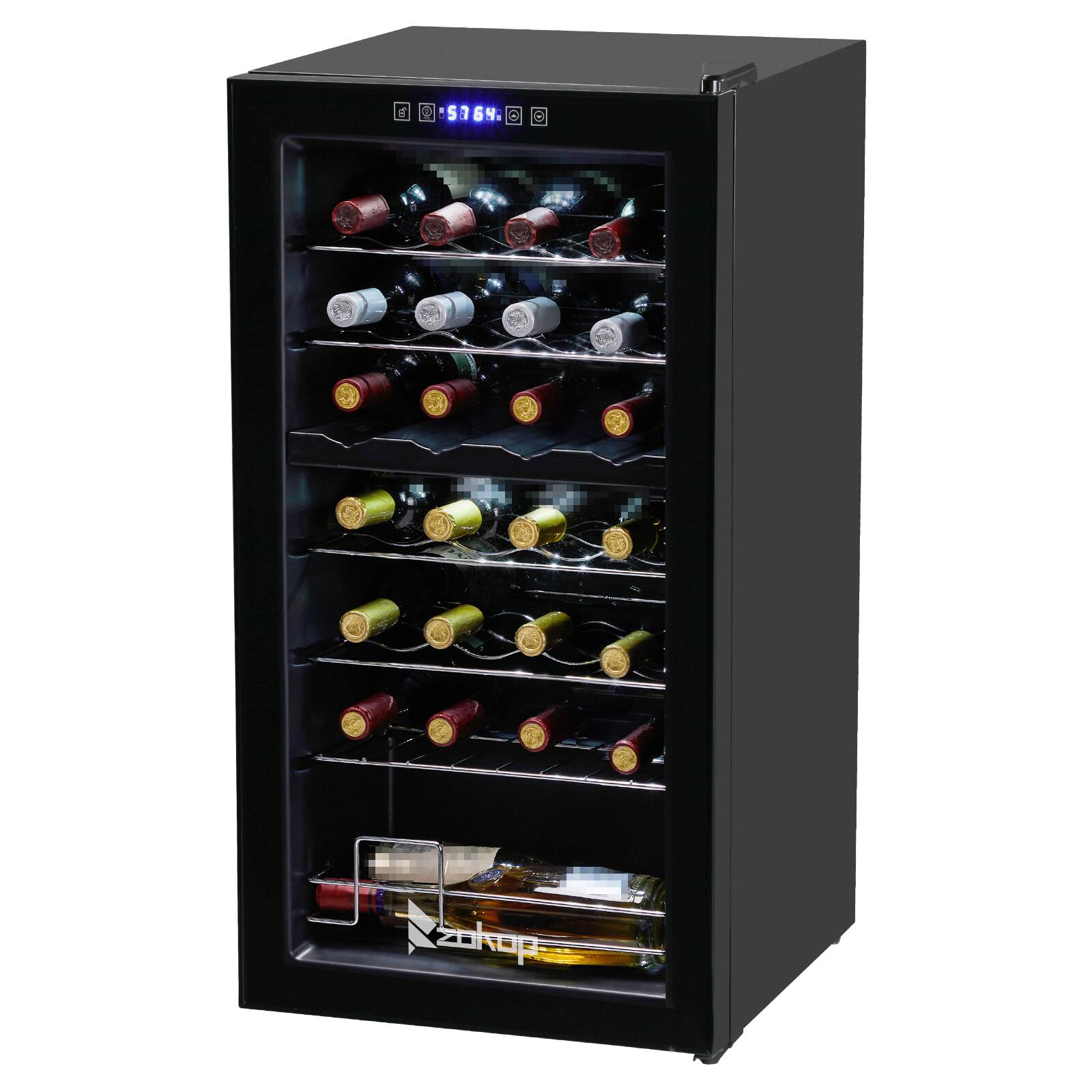 Left. Winado - Dual Zone Wine and Beverage Refridgerator, 28 Bottle Wine Fridge with Independent Temperature Control & Glass Door - Black.