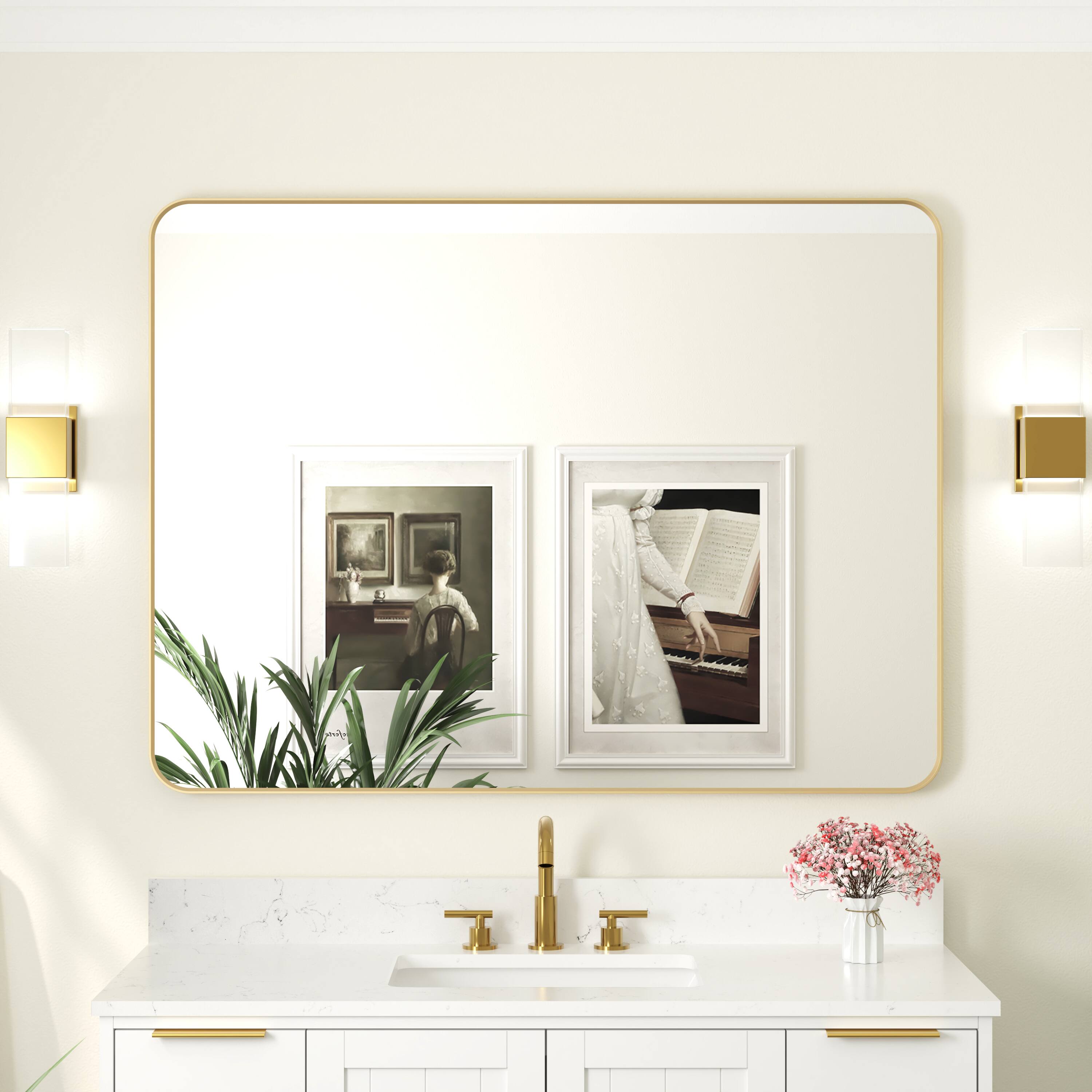 Back. WELLFOR - 48 in. W x 36 in. H Rectangular Aluminum Framed Wall Bathroom Vanity Mirror - Brushed Gold.