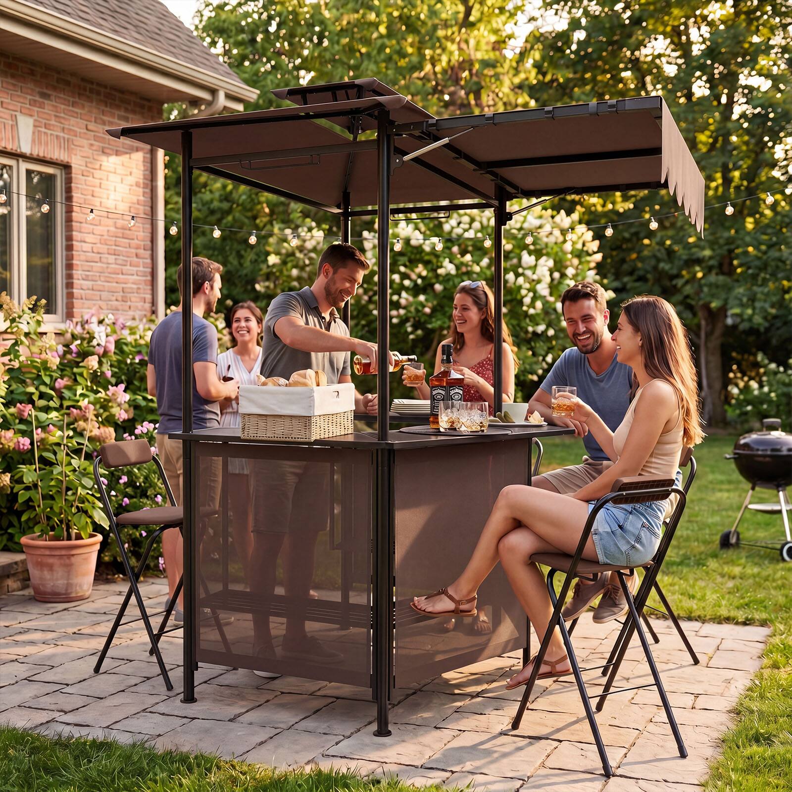 Alt View 4. Gymax - Gymax 4PCS Folding Bar Stools w/Ergonomic Seat & Comfortable Footrest Anti-Slip Feet Brown & Black - Brown.