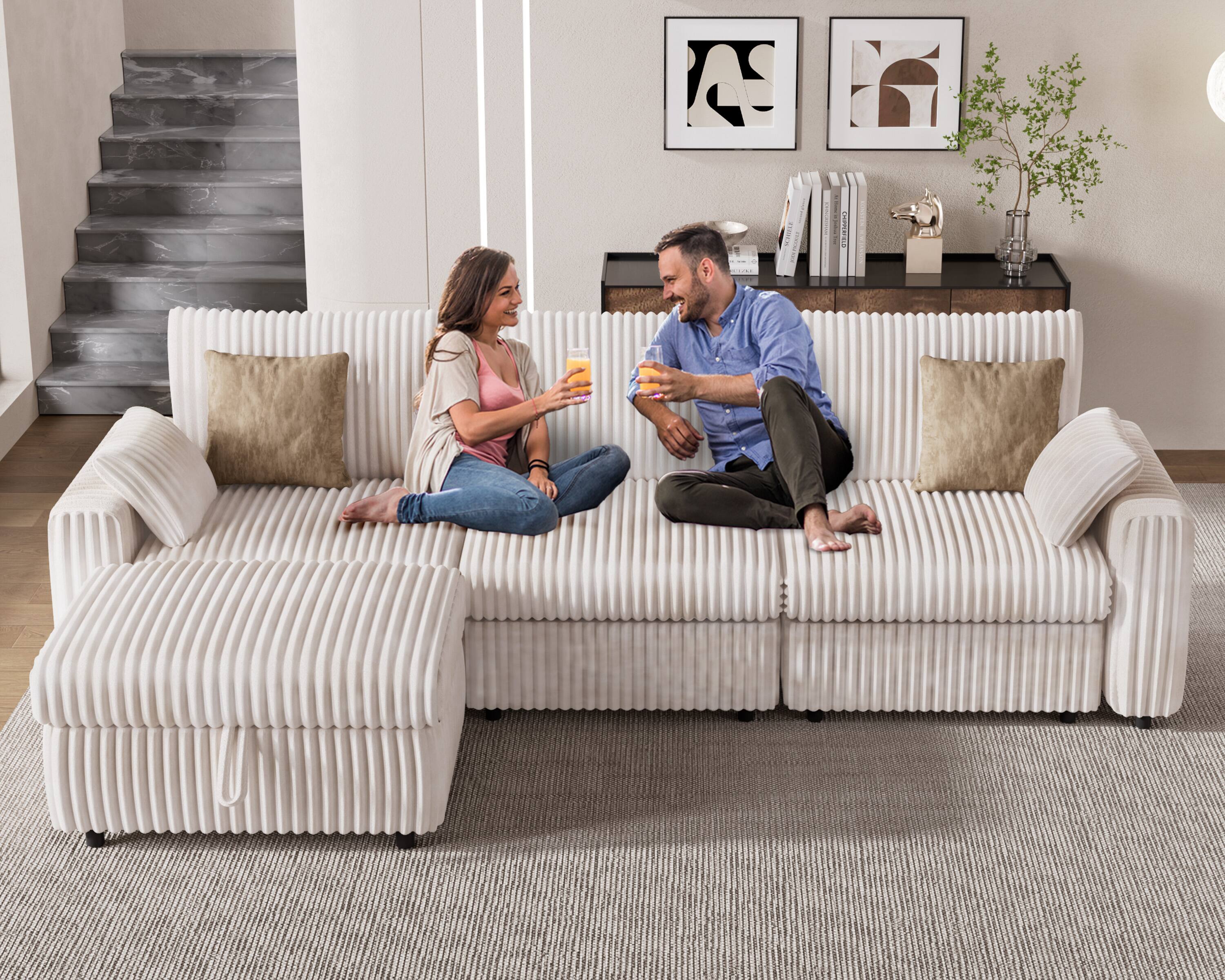 Left. Vipbear - 131.5" Modern Oversized Modular Sectional Sofa with Storage ottoman, Plush Corduroy Fabric,Tool-Free Assembly - White.