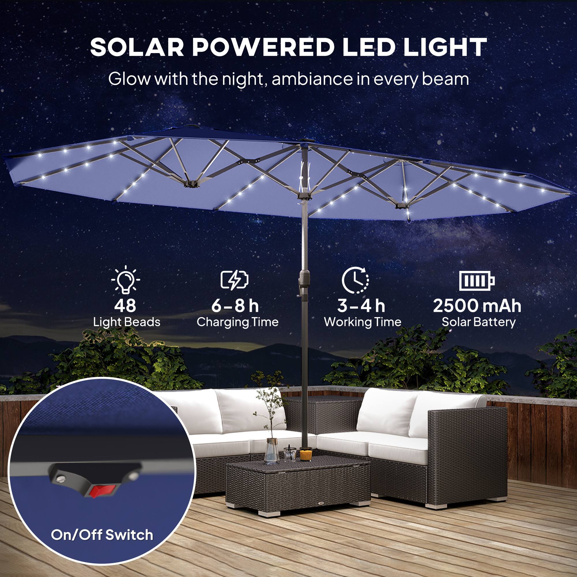 SOLAR POWERED LED LIGHT  
Glow with the night, ambiance in every beam  

- 48 Light Beads  
- 6-8h Charging Time  
- 3-4h Working Time  
- 2500 mAh Solar Battery  
- On/Off Switch