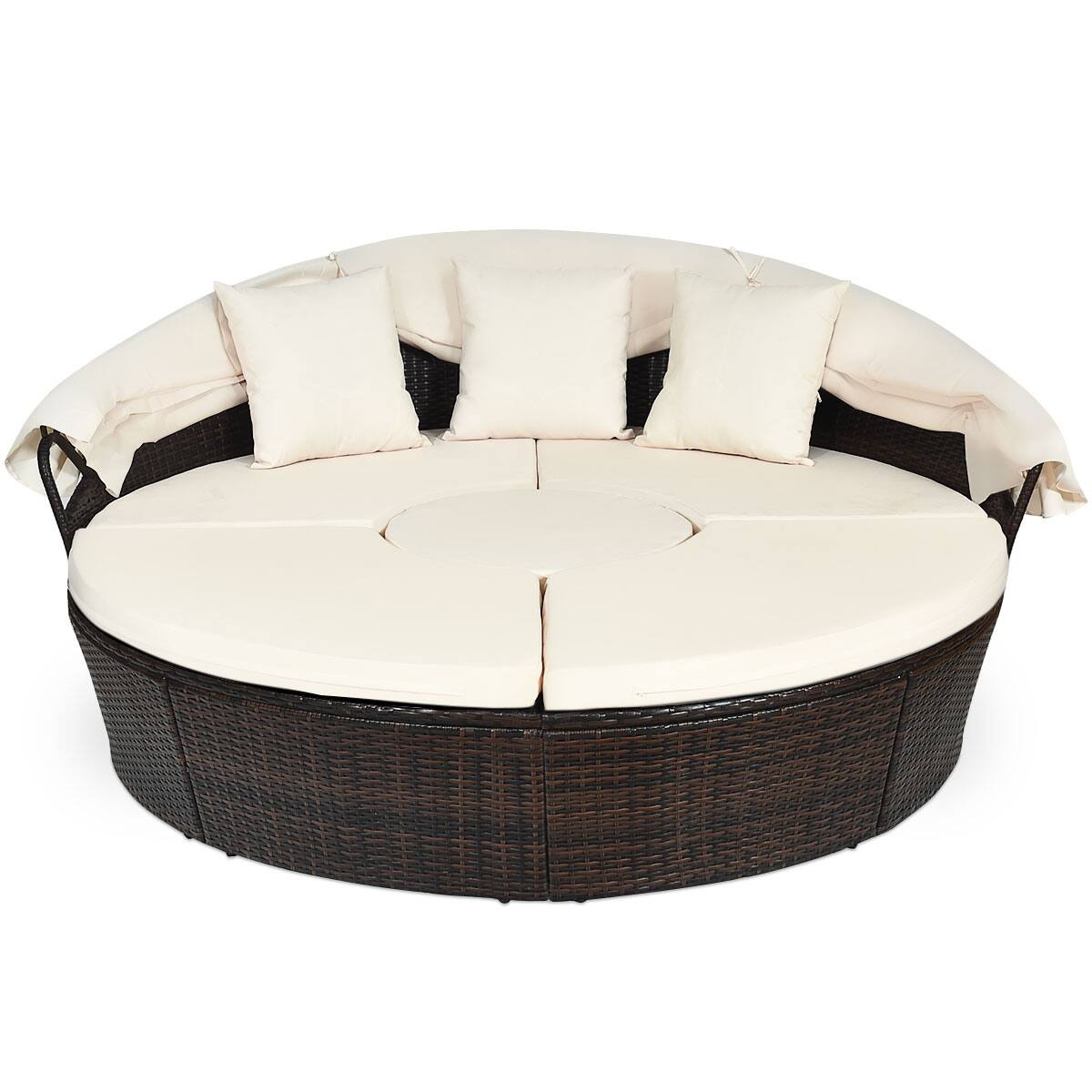 Left. Costway - Patio Rattan Daybed Cushioned Sofa Adjustable Table Top Canopy 3 Pillows - Brown + White.