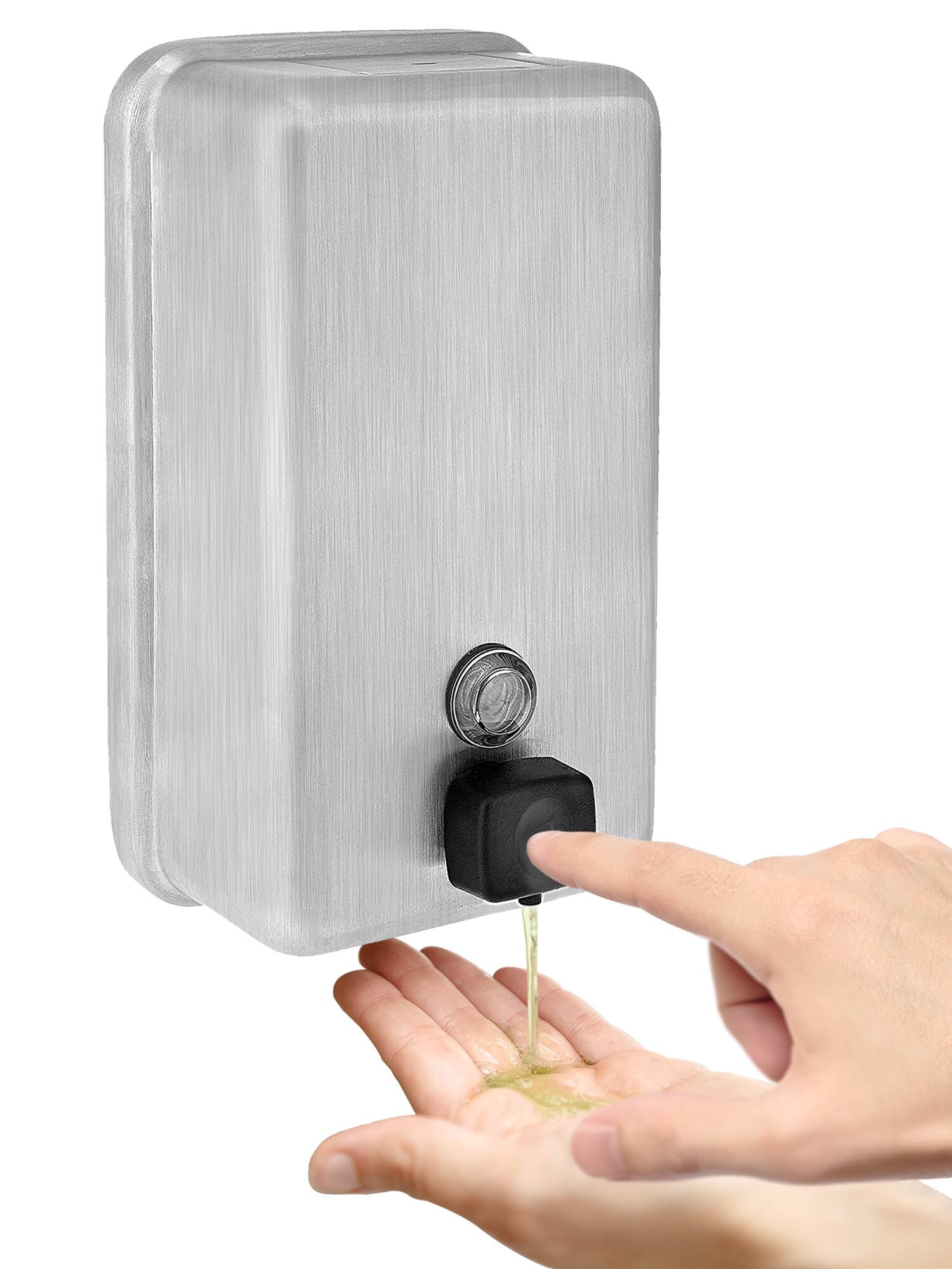 Angle. Alpine Industries - 40 oz Vertical Manual Surface-Mounted Stainless Steel Liquid Soap Dispenser - Stainless Steel.