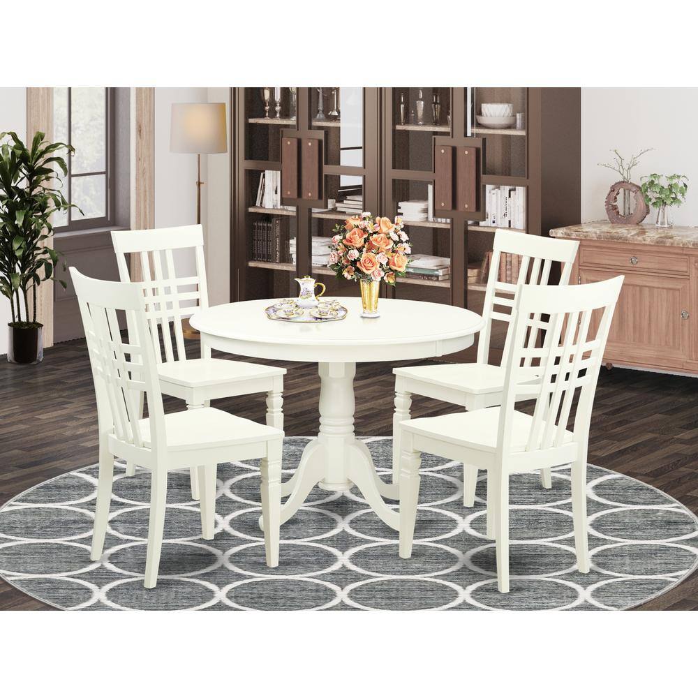Back. East West Furniture - 5 Pc set with a Round Dinette Table and 4 Wood Dinette Chairs in Linen White - Linen White.