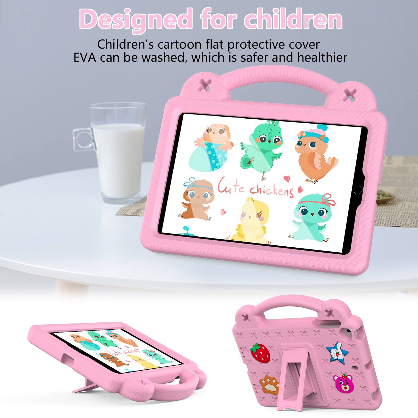 Designed for children  
Children's cartoon flat protective cover EVA can be washed, which is safer and healthier  
Cute chickens