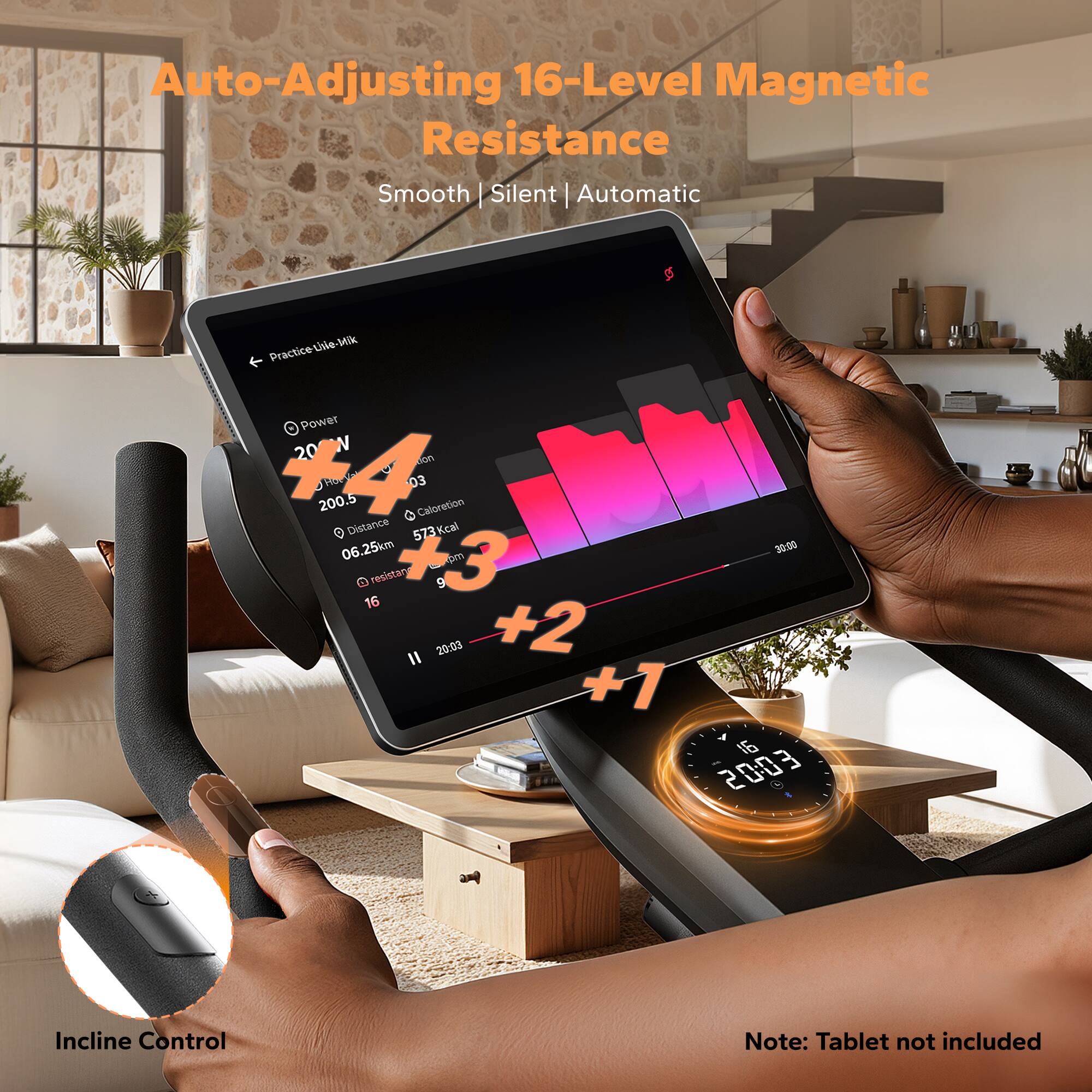 Auto-Adjusting 16-Level Magnetic Resistance  
Smooth | Silent | Automatic  

Power: 200W  
Heart Rate: 160.5  
Calories: 573 kcal  
Distance: 06.25 km  
Resistance: 16  
Incline: 9  

Note: Tablet not included