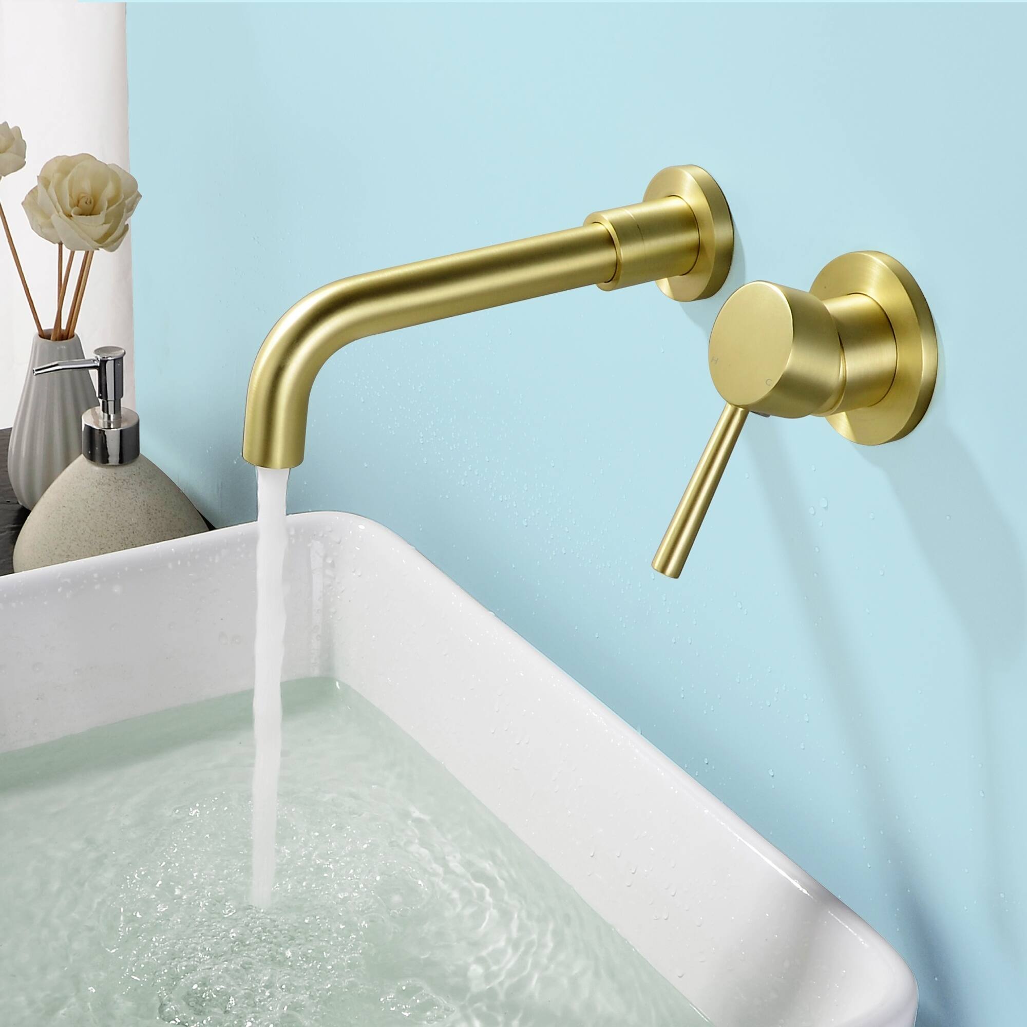Alt View 4. Boyel Living - Brushed Gold Wall Mount Basin Faucet Single Handle 360° Swivel Spout - Brushed Gold.