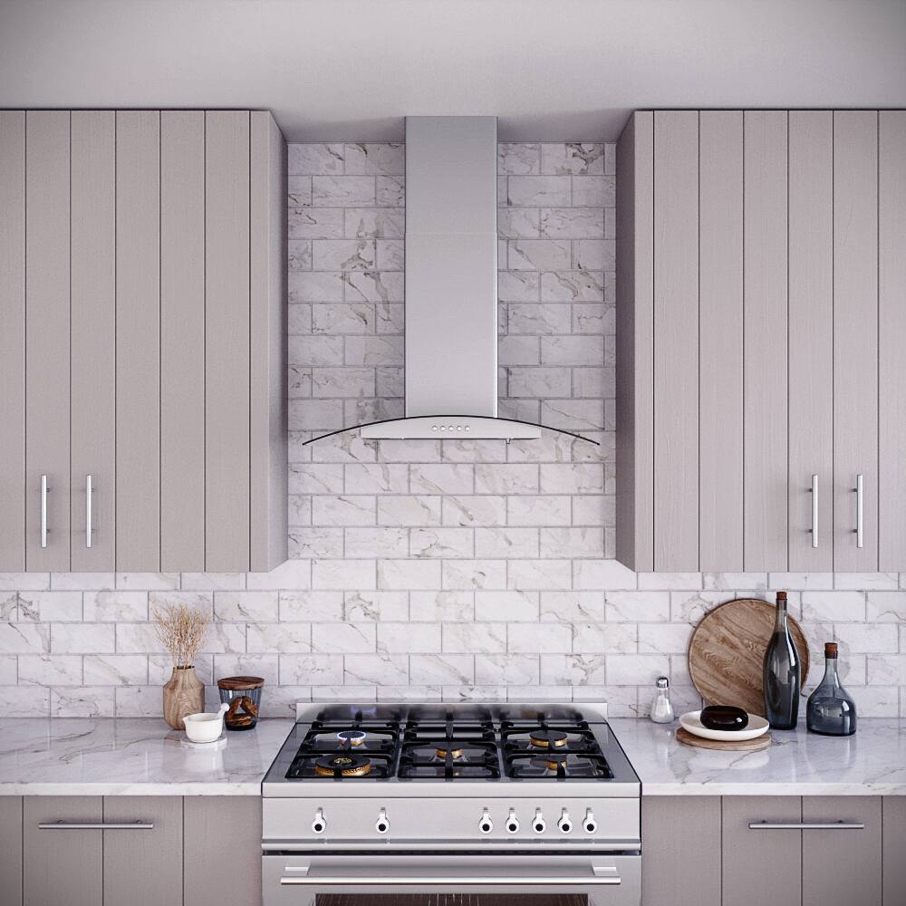 Left. Streamline - 30 in. Rosmini Ductless Wall Mount 220 CFM Range Hood, Baffle Filters, Push Button Control, LED Lights - Brushed Stainless Steel.